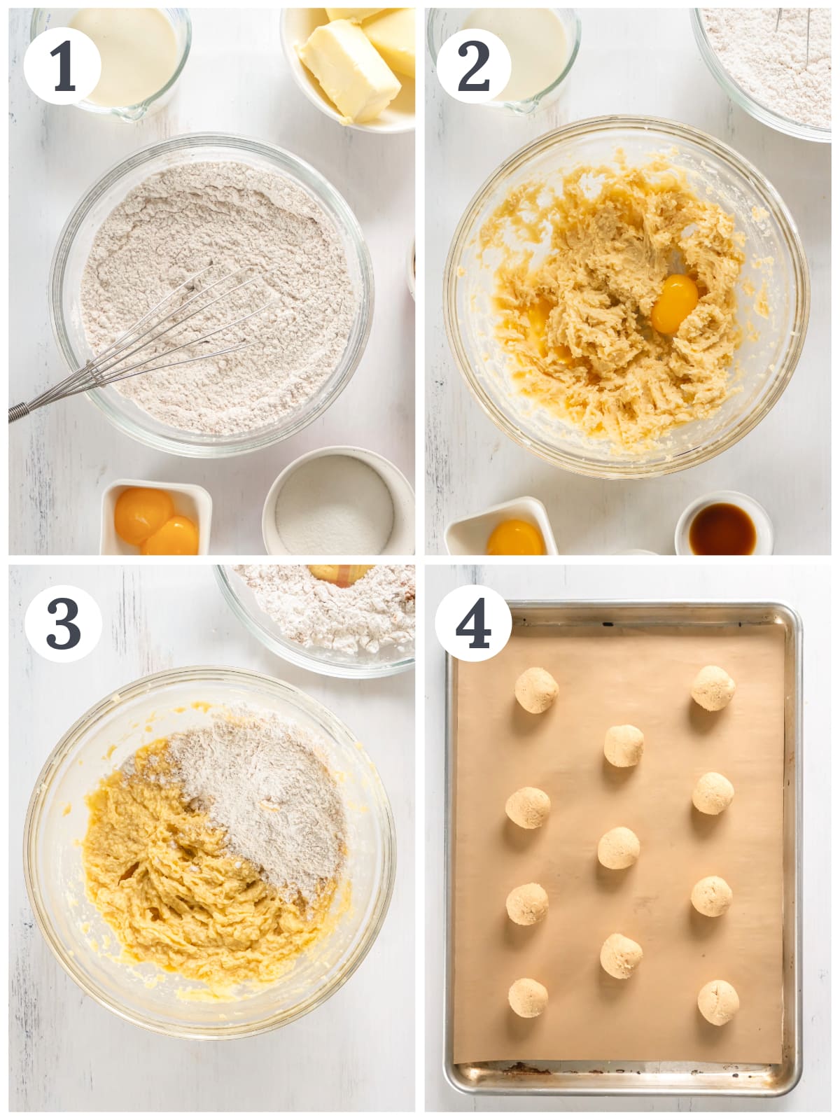 photo collage demonstrating how to make eggnog cookies in a mixing bowl.