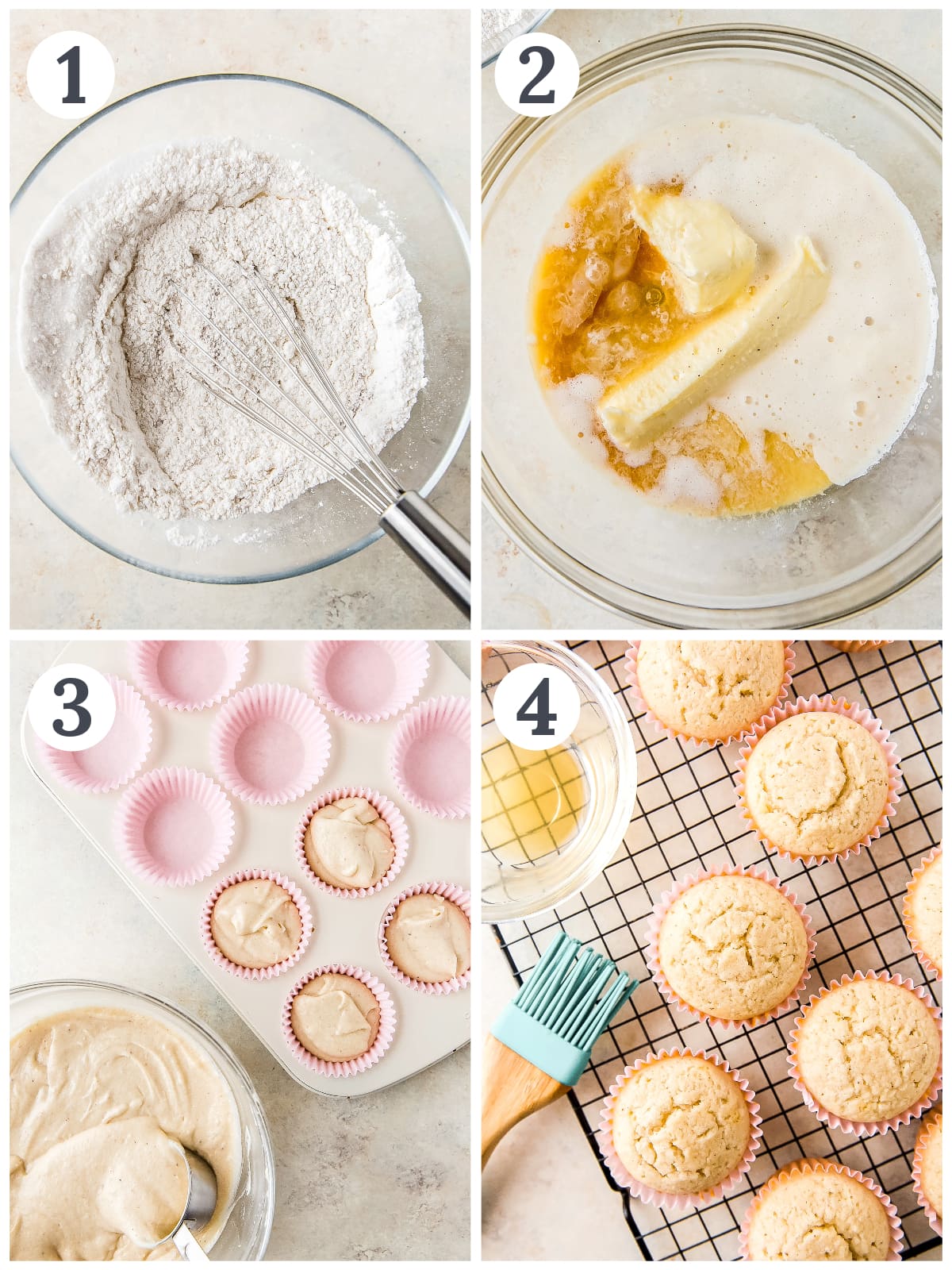 photo collage demonstrating how to make eggnog cupcakes in mixing bowl and cupcake tin.