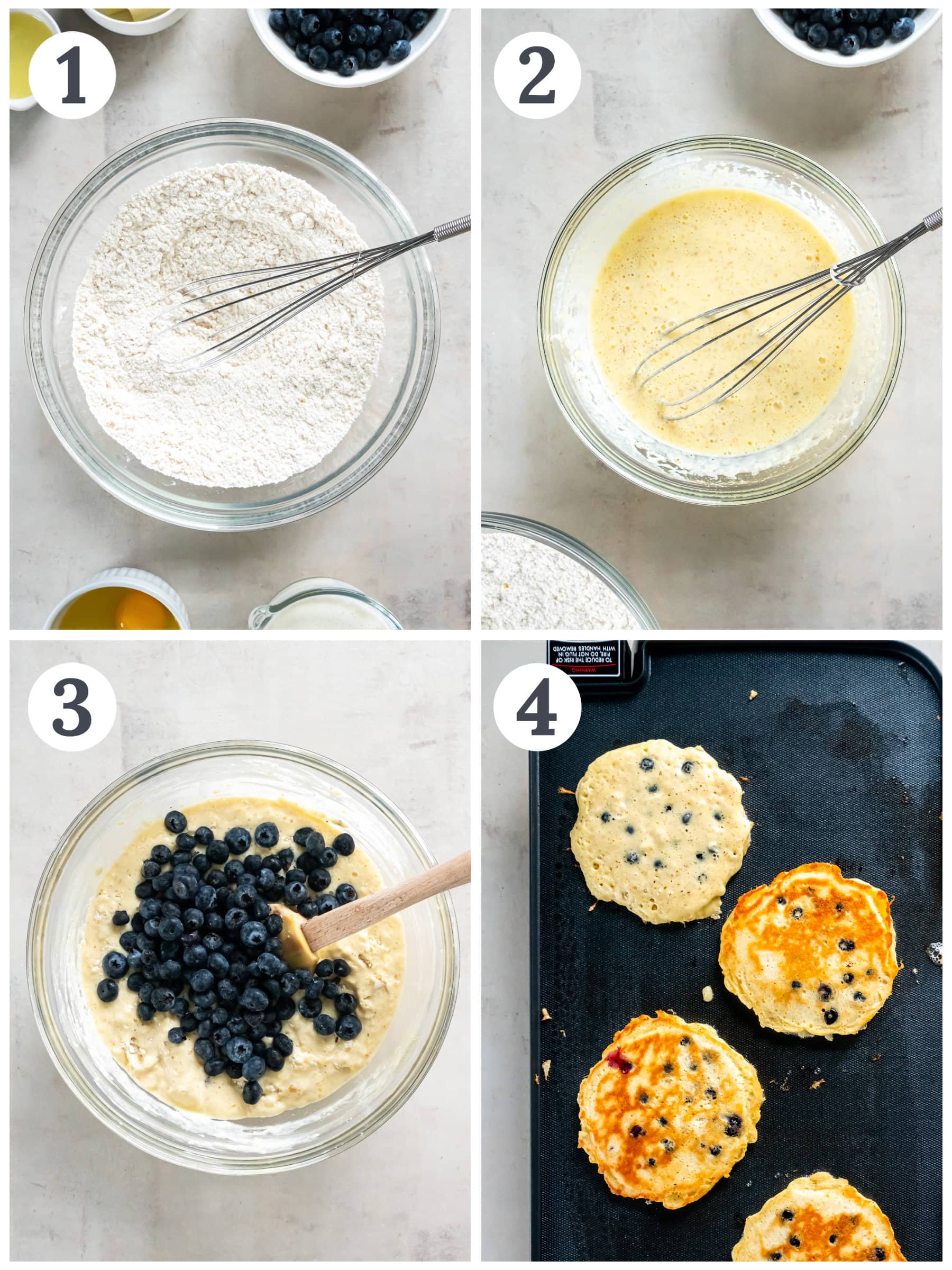photo collage demonstrating how to make lemon blueberry pancakes in a mixing bowl and on a griddle.