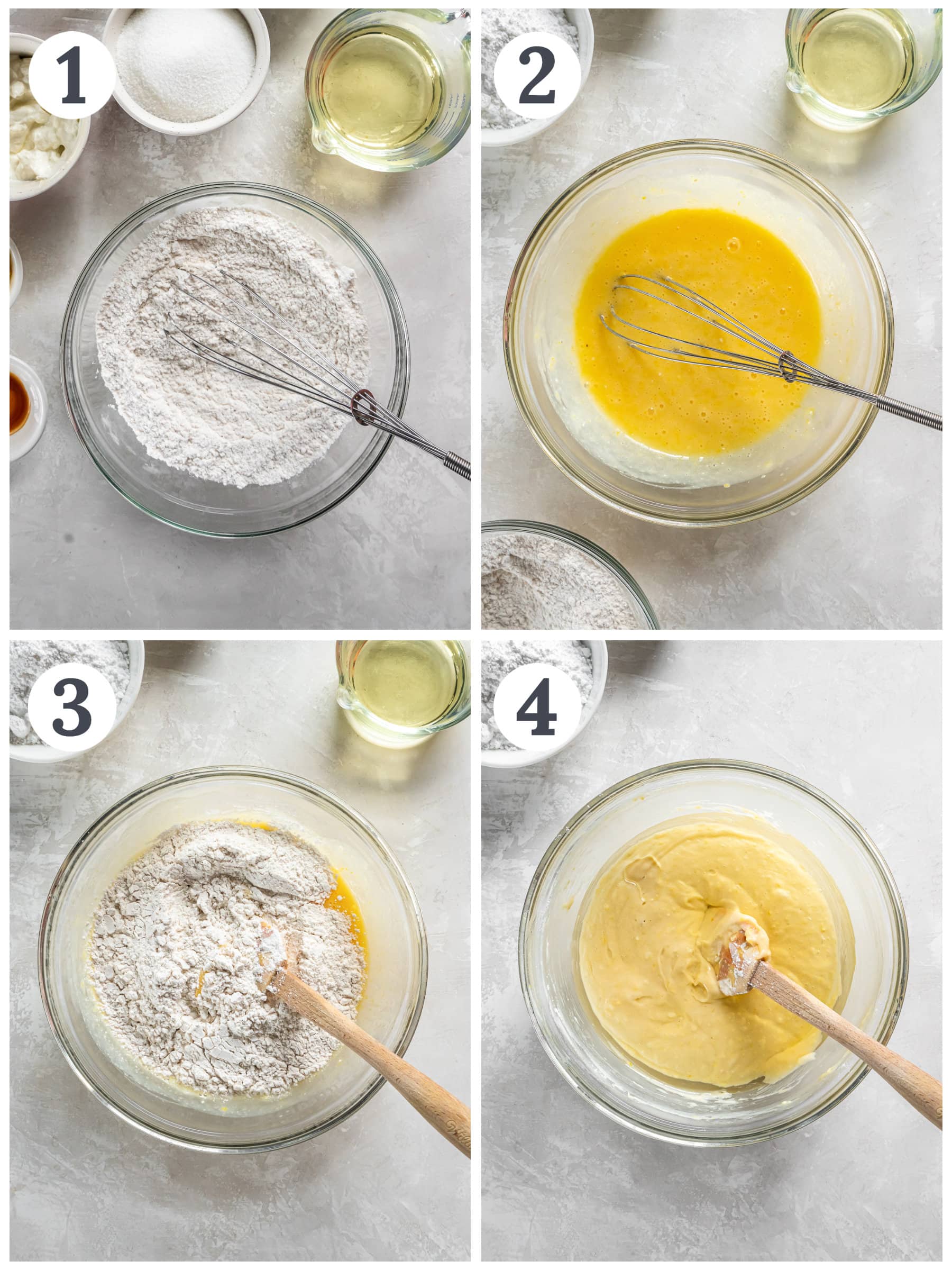 photo collage demonstrating how to make french yogurt cake in a mixing bowl.