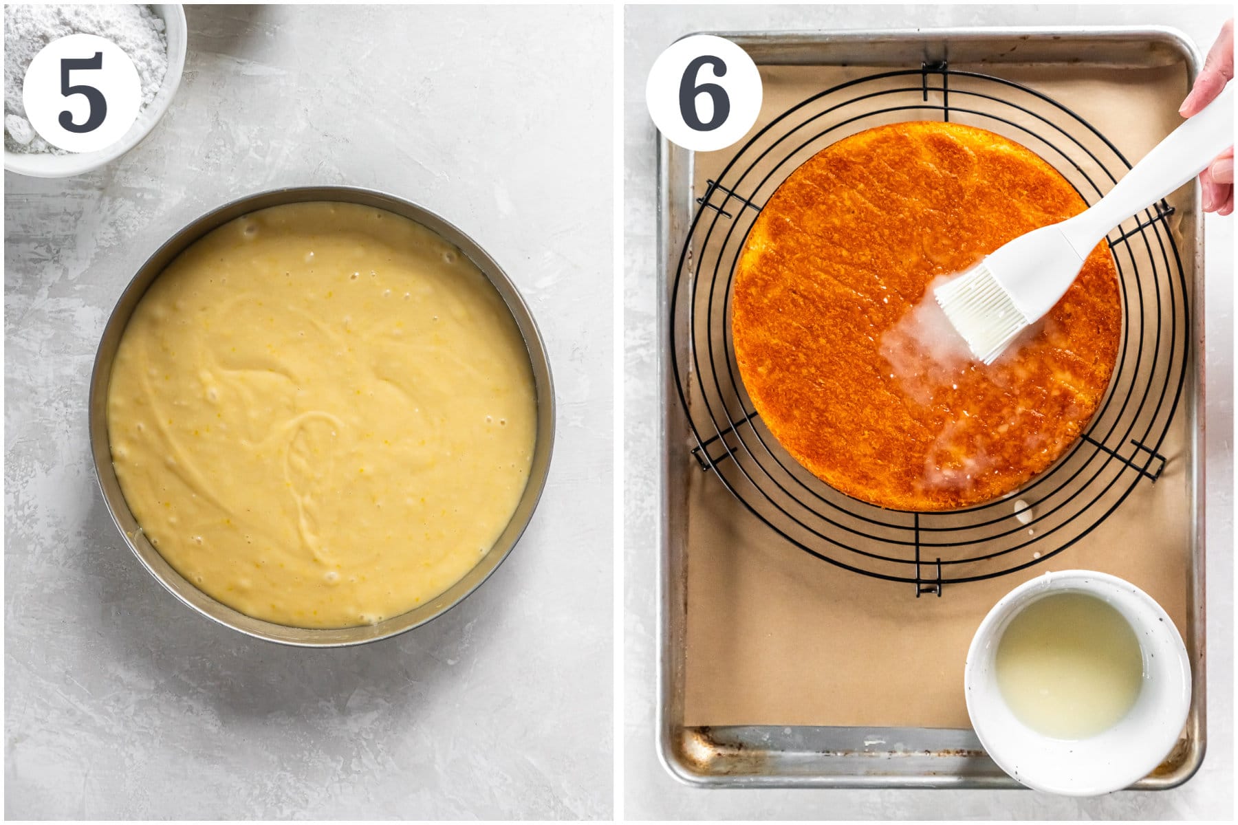 photo collage showing french yogurt cake before and after baking and adding a lemon glaze.