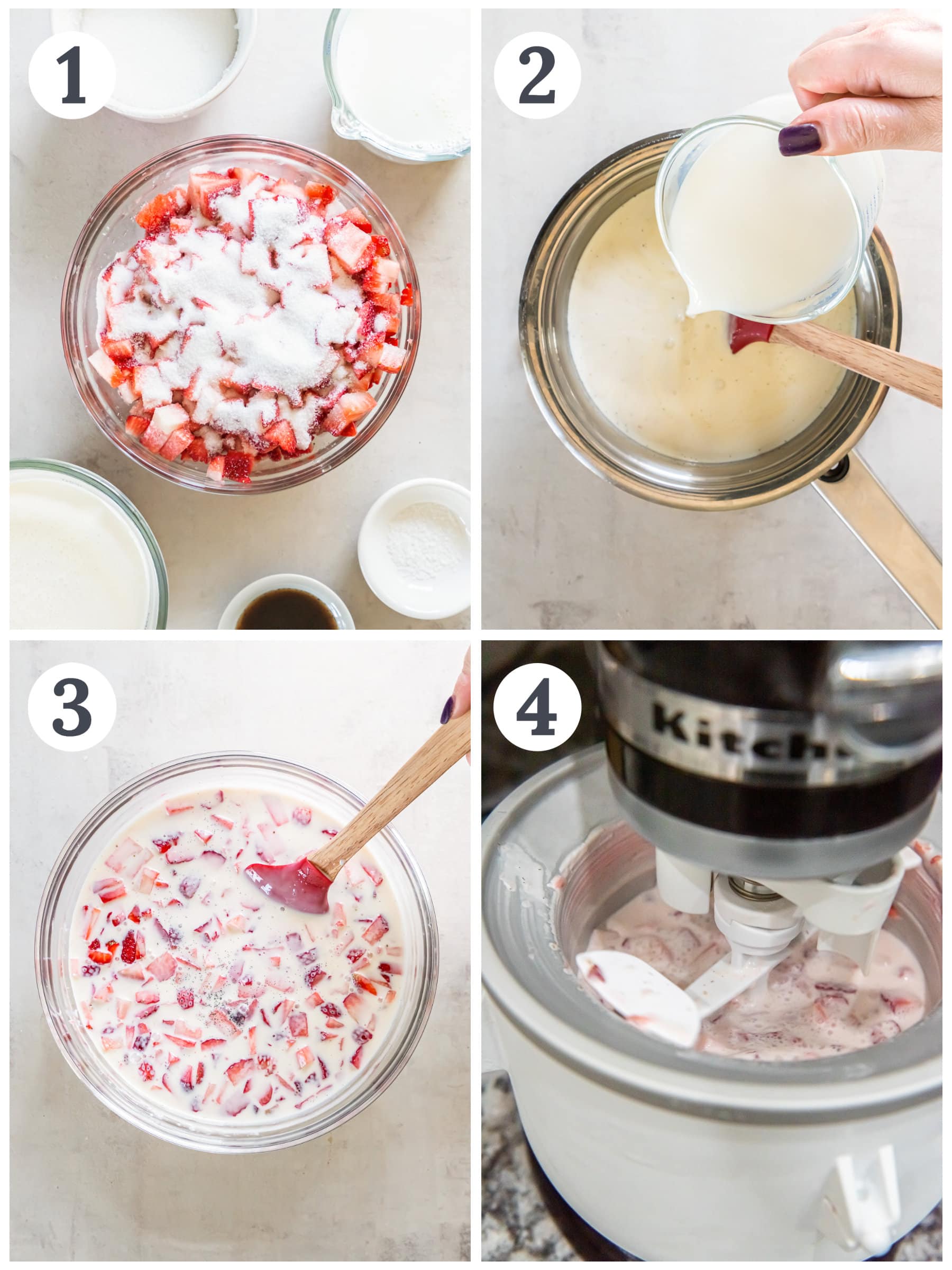 photo collage demonstrating how to combine ingredients for homemade strawberry ice cream.