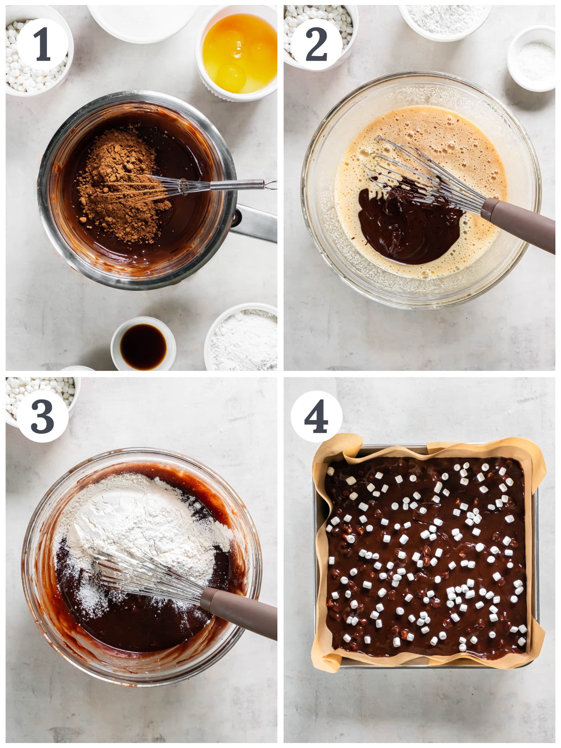photo collage demonstrating how to make hot chocolate brownies in a mixing bowl.