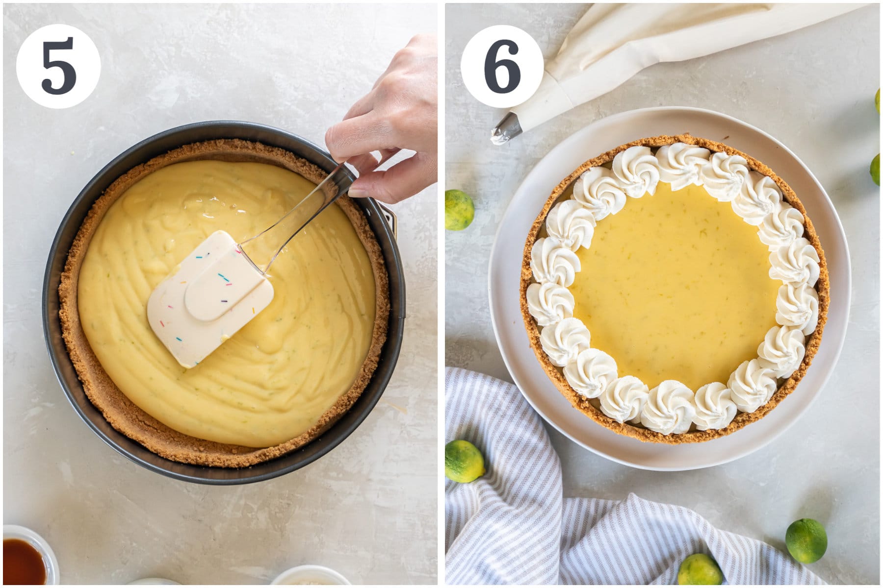 photo collage showing key lime pie before and after being baking, chilled and decorated.