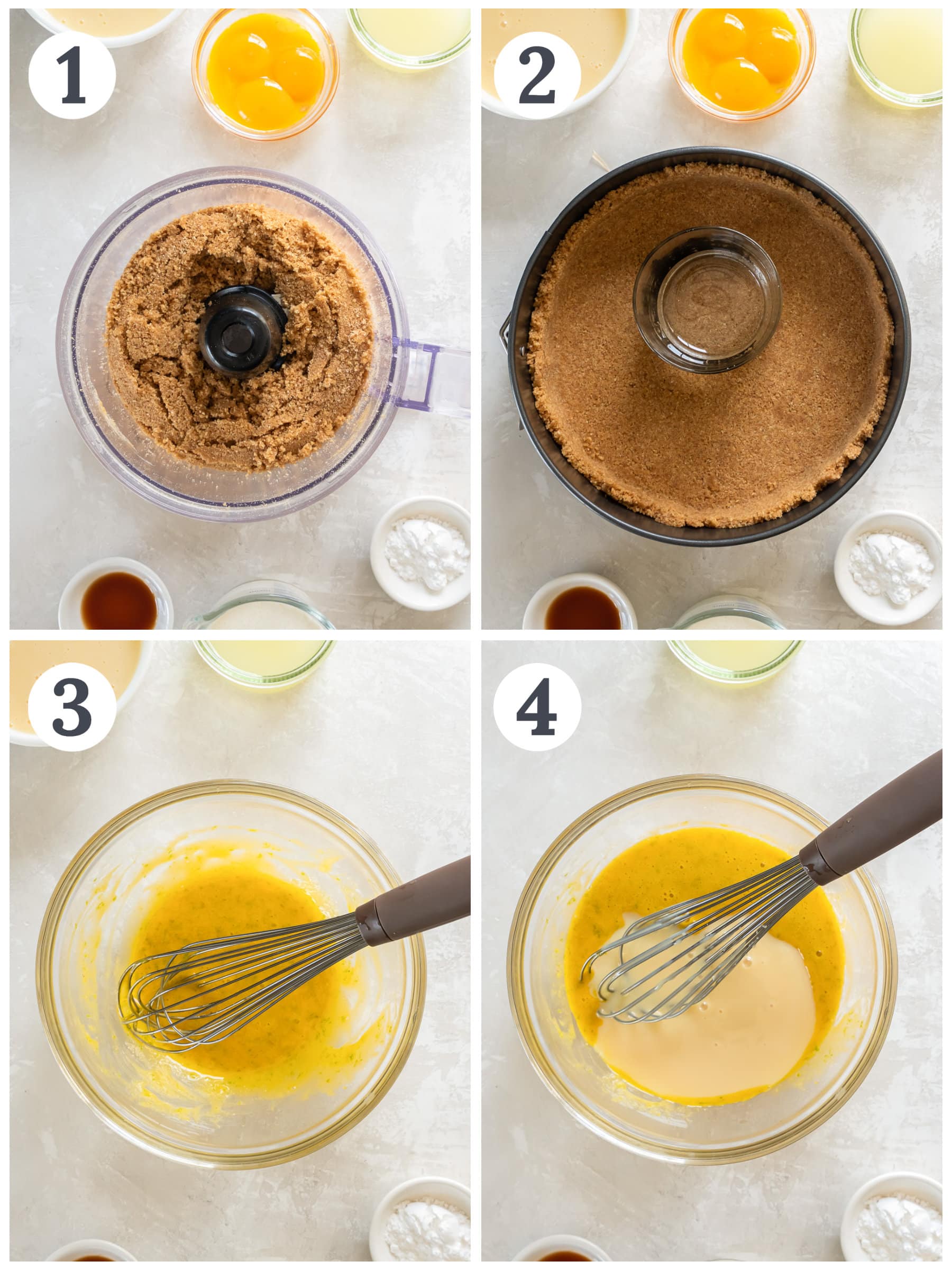photo collage demonstrating how to make graham cracker crust and key lime pie filling in a mixing bowl.