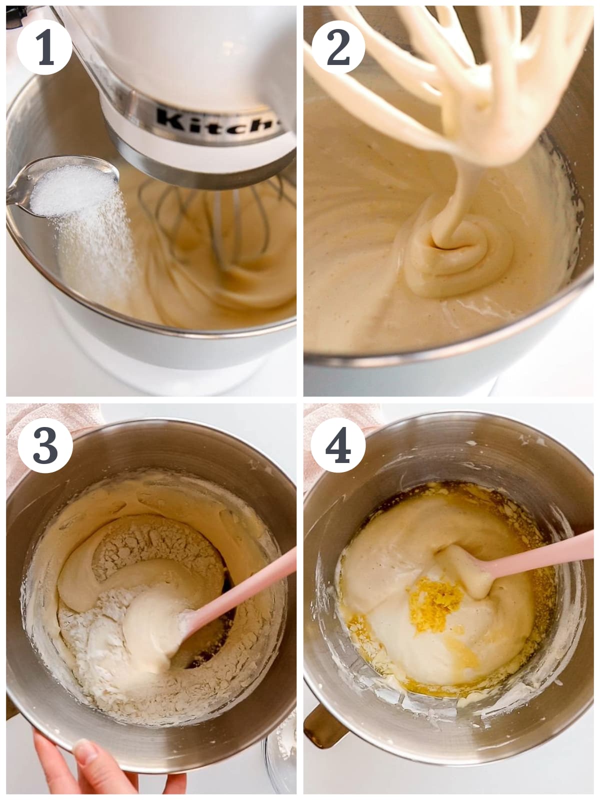 photo collage demonstrating how to make madeleines in the bowl of a stand mixer