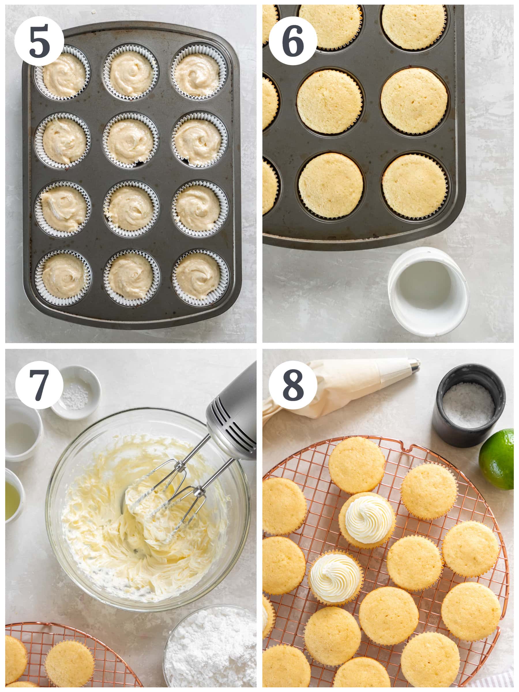 photo collage demonstrating how to make margarita cupcakes with tequila lime frosting.