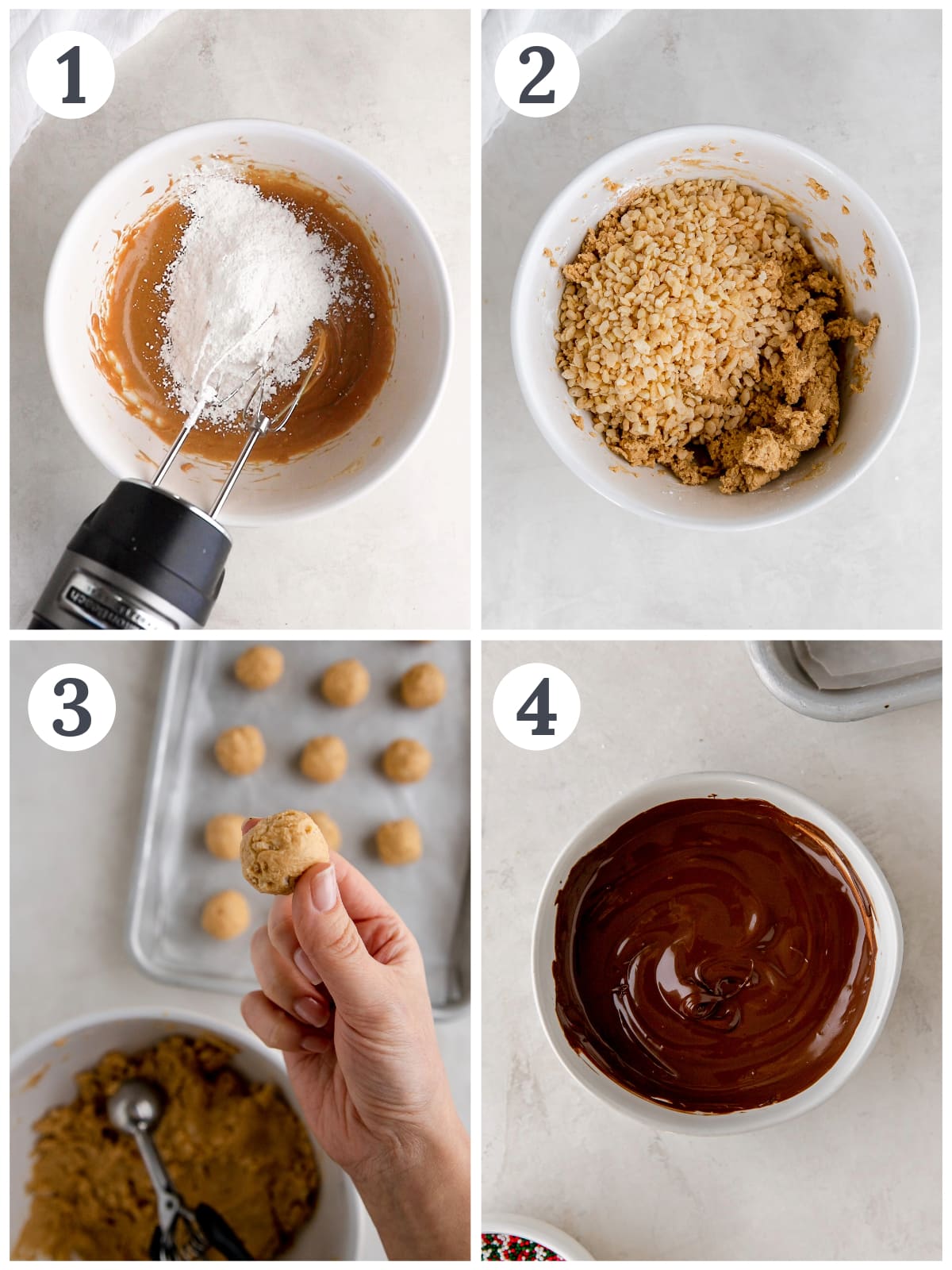 photo collage demonstrating how to make peanut butter balls with rice krispies