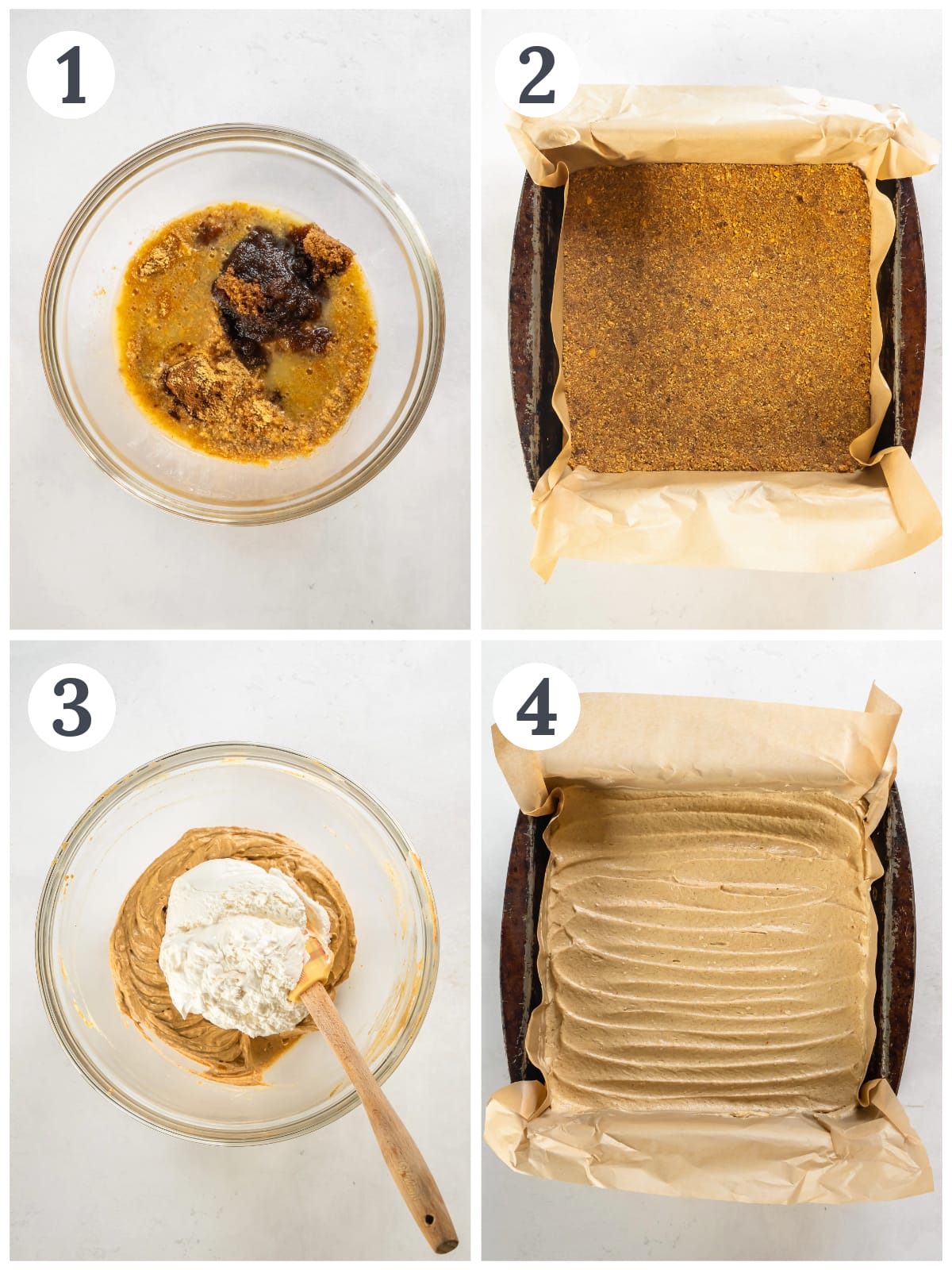 photo collage demonstrating how to make filling for no bake pumpkin cheesecake bars.
