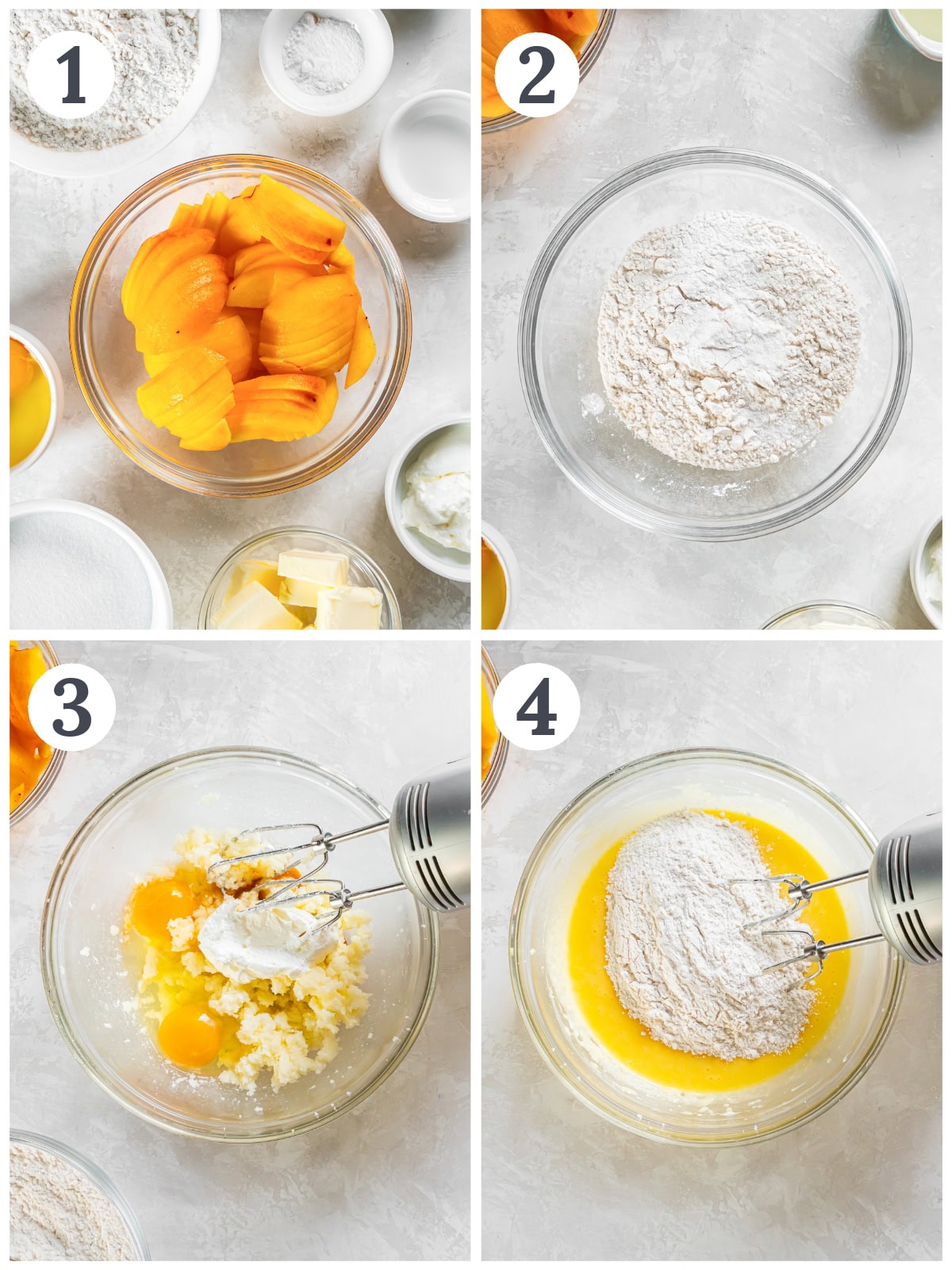 photo collage demonstrating how to prepare peaches and make cake batter in a mixing bowl for peach cake.