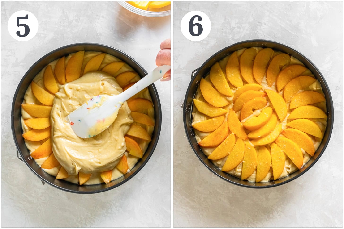 photo collage demonstrating how to layer batter and peaches for fresh peach cake in springform pan.