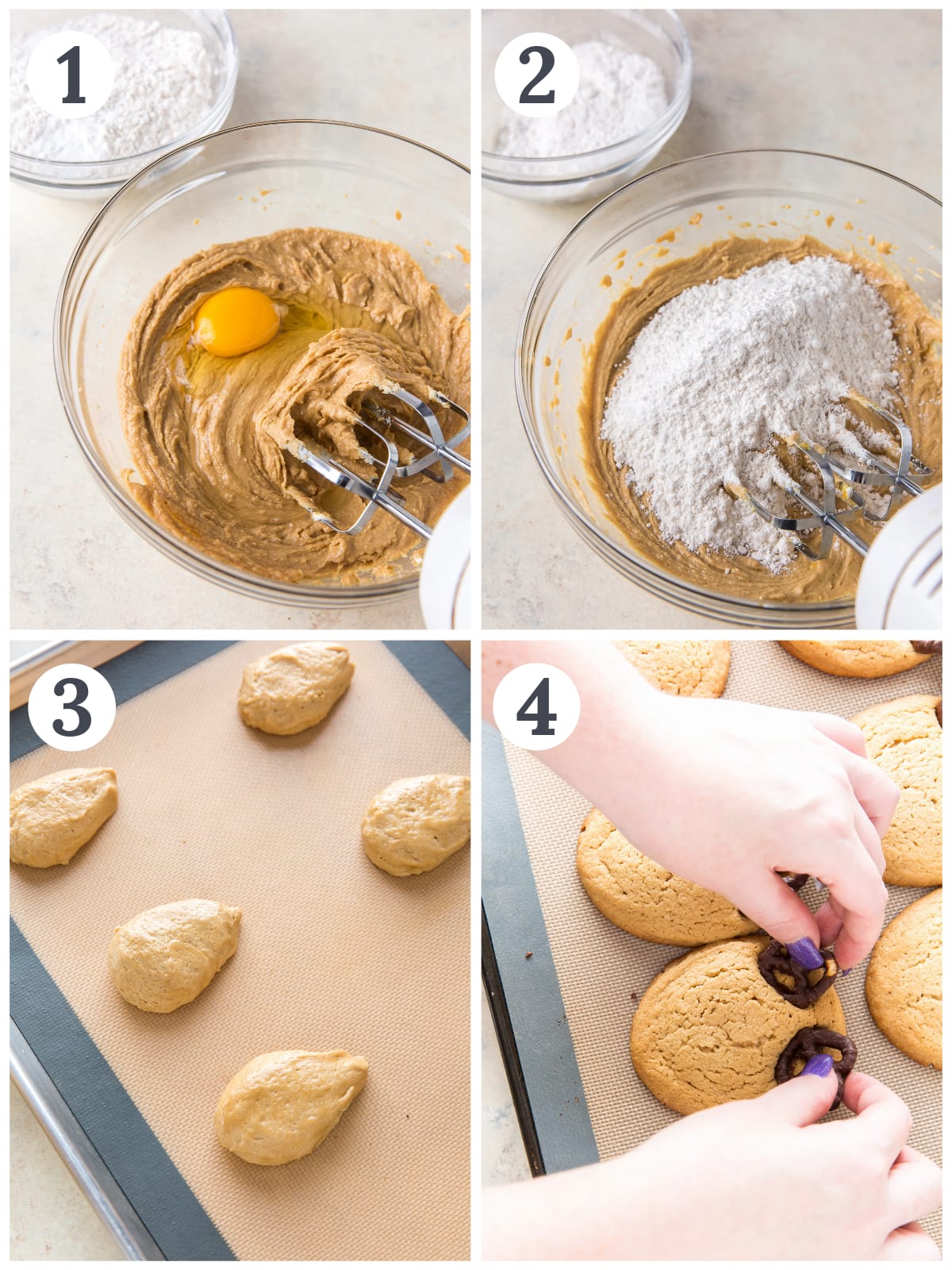 photo collage demonstrating how to make peanut butter reindeer cookie dough in a mixing bowl with a hand mixer and shape the dough into reindeer heads.