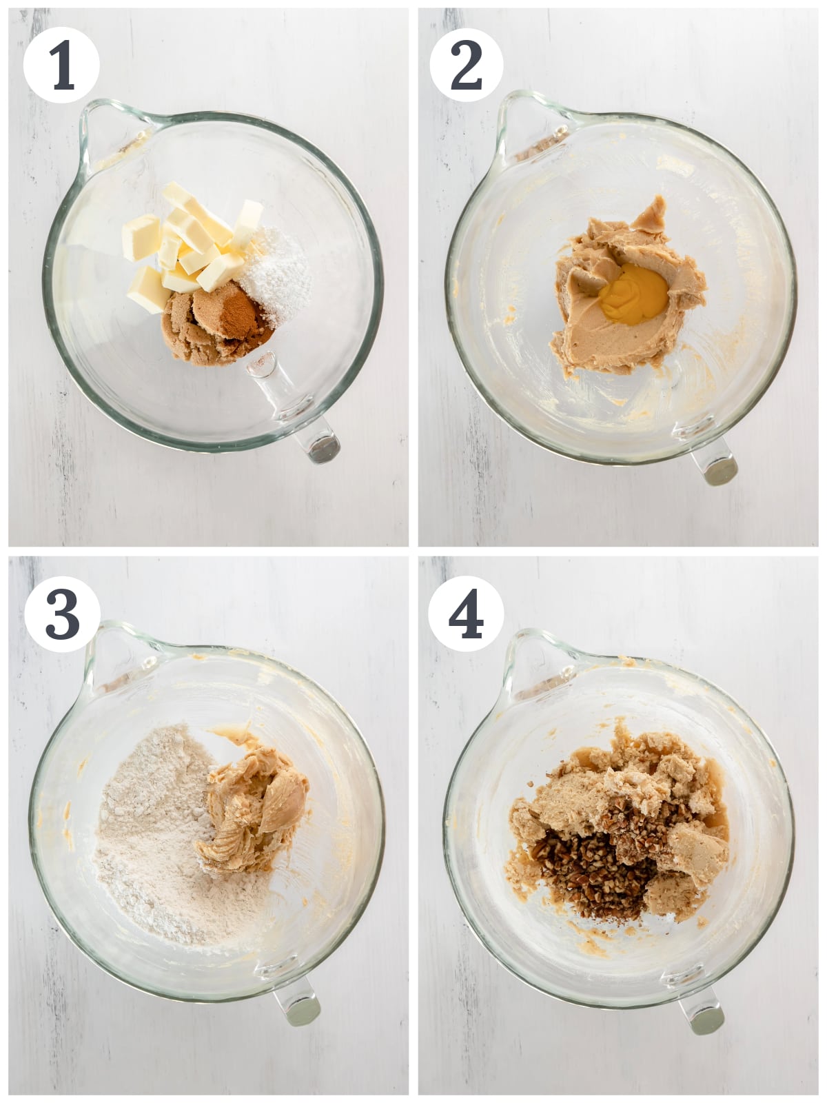 photo collage demonstrating how to make pecan sandies cookie dough in a mixing bowl.