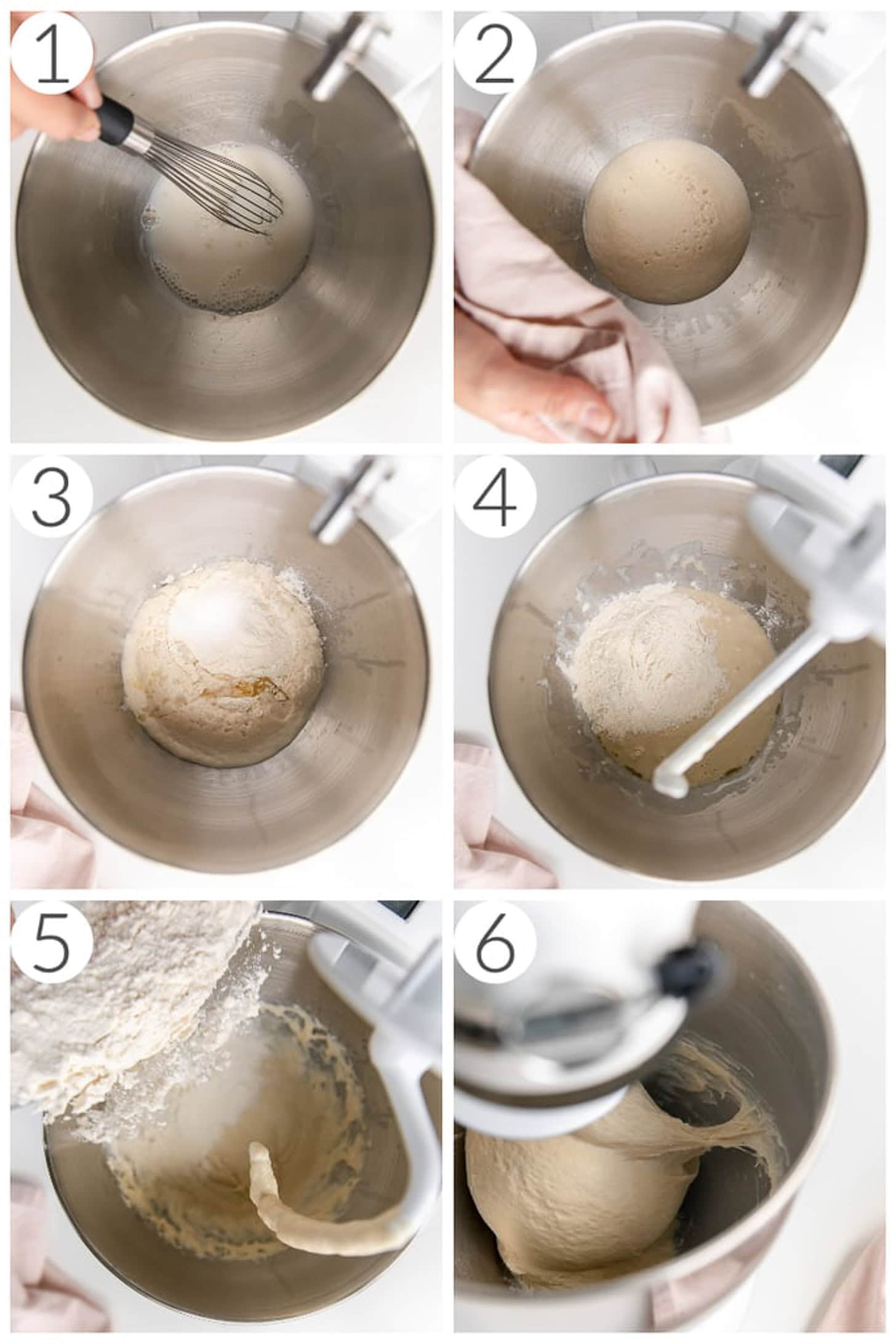 step by step photos making sandwich bread in stand mixer with knead hook.