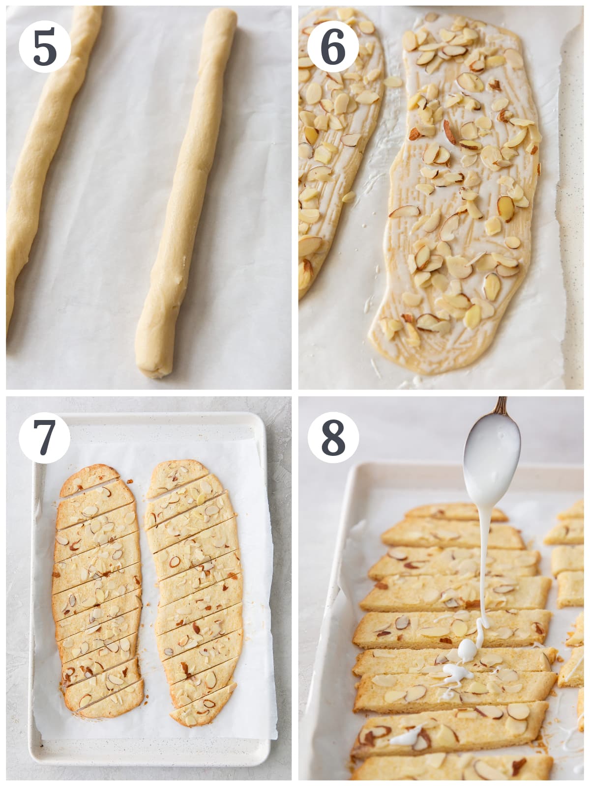 photo collage demonstrating how to shape and add milk, sliced almonds and icing to almond bars.