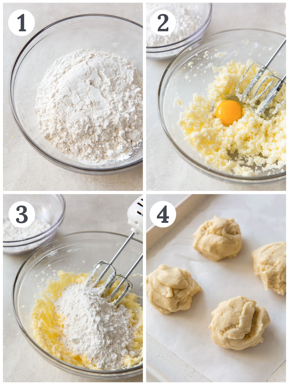 photo collage demonstrating how to make almond bar dough in a mixing bowl with a hand mixer.