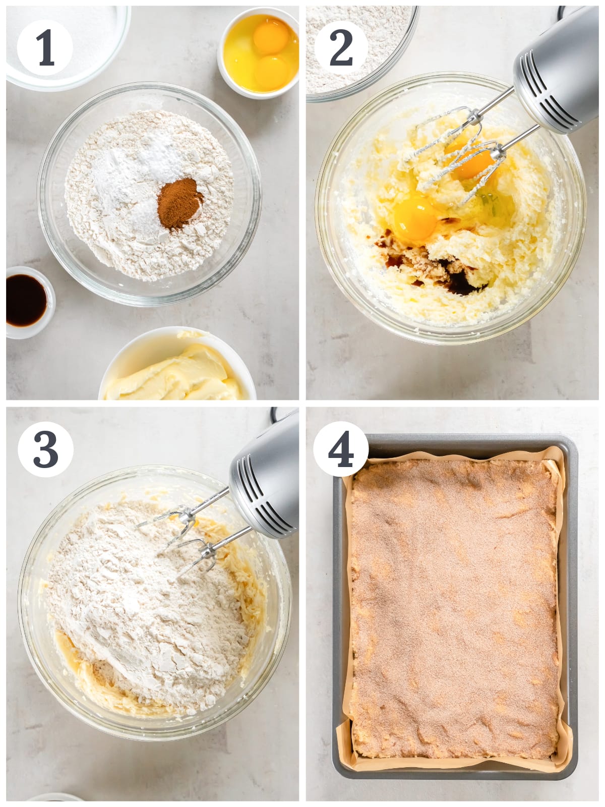 photo collage demonstrating how to make dough for snickerdoodle bars in a mixing bowl with a hand mixer and 9x13 pan.