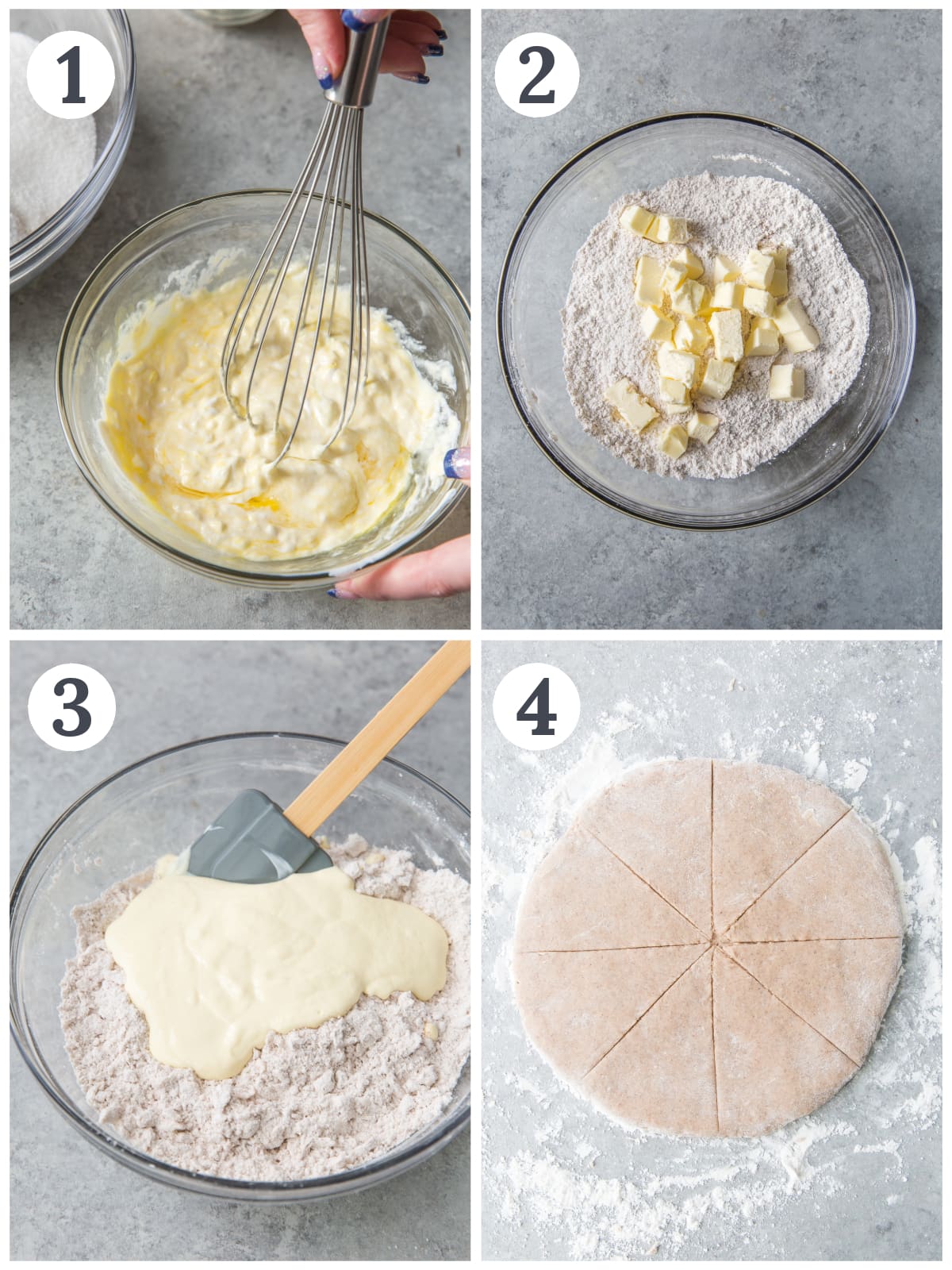 photo collage demonstrating how to make dough for cinnamon scones.
