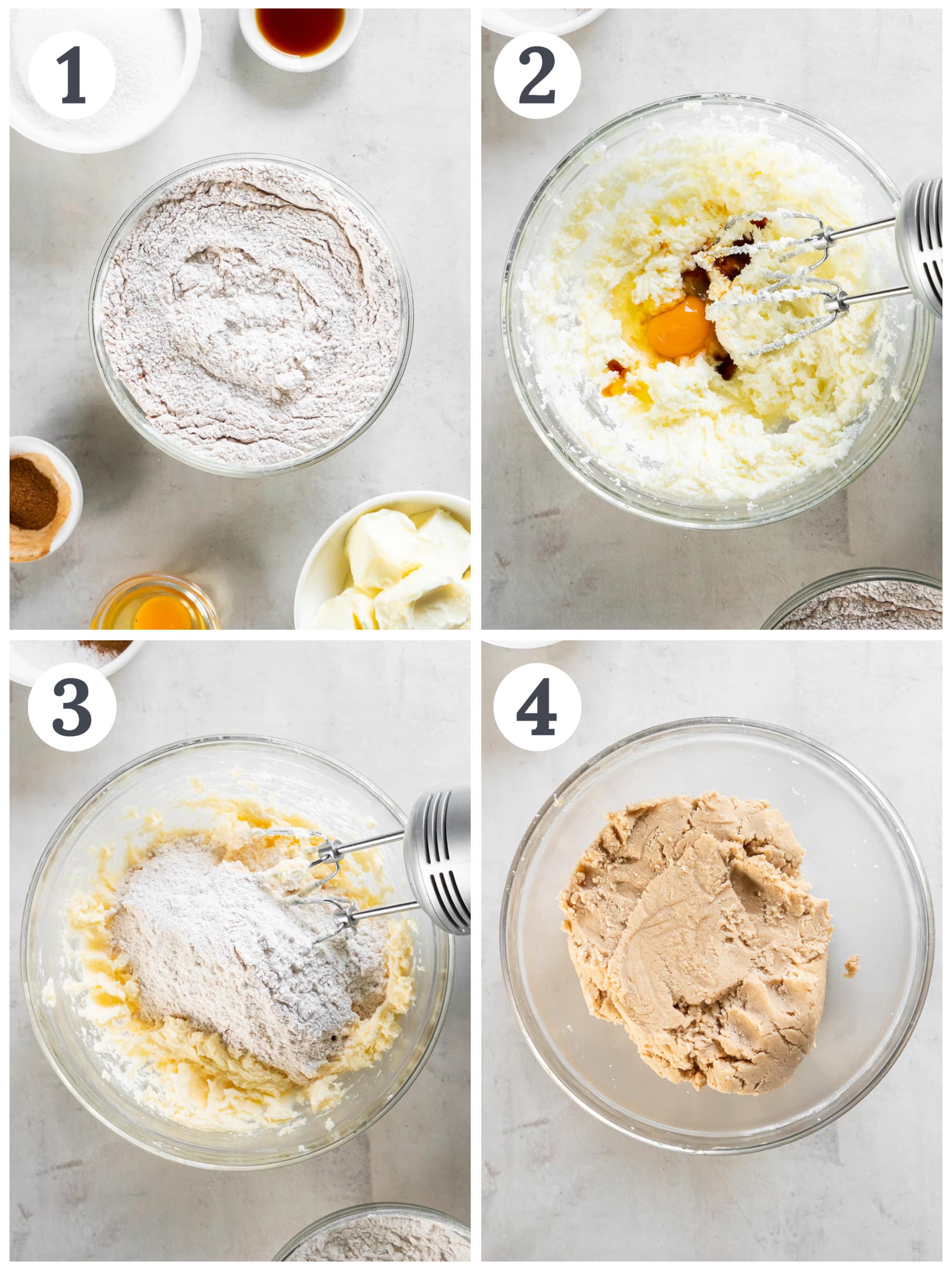 photo collage demonstrating how to make snickerdoodle cookie dough in a mixing bowl with a hand mixer.