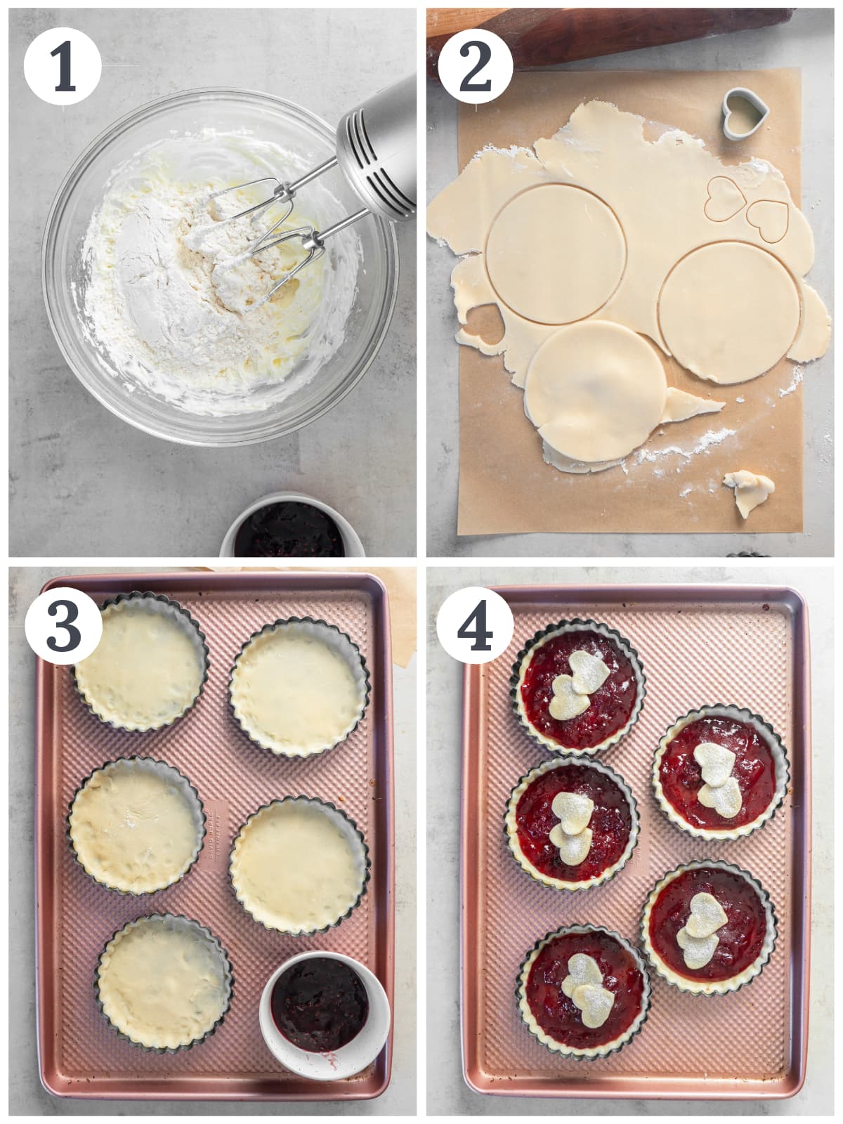 photo collage demonstrating how to make strawberry jam tarts with shortbread dough in 4-inch tart pans.