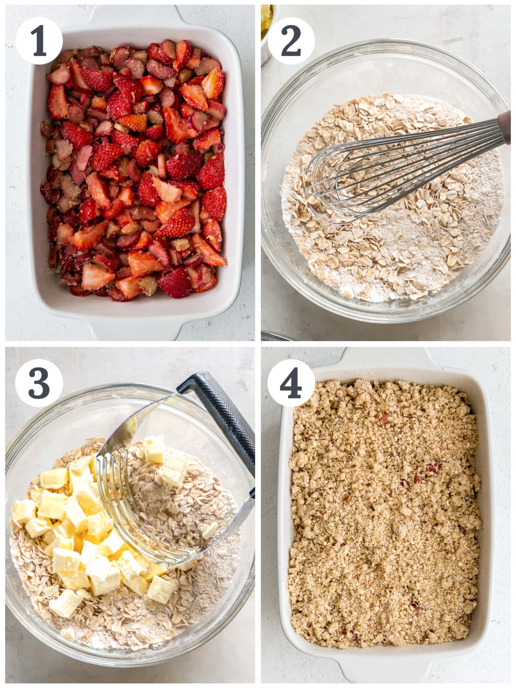 photo collage demonstrating how to make strawberry rhubarb crisp filling and oat crumble topping.