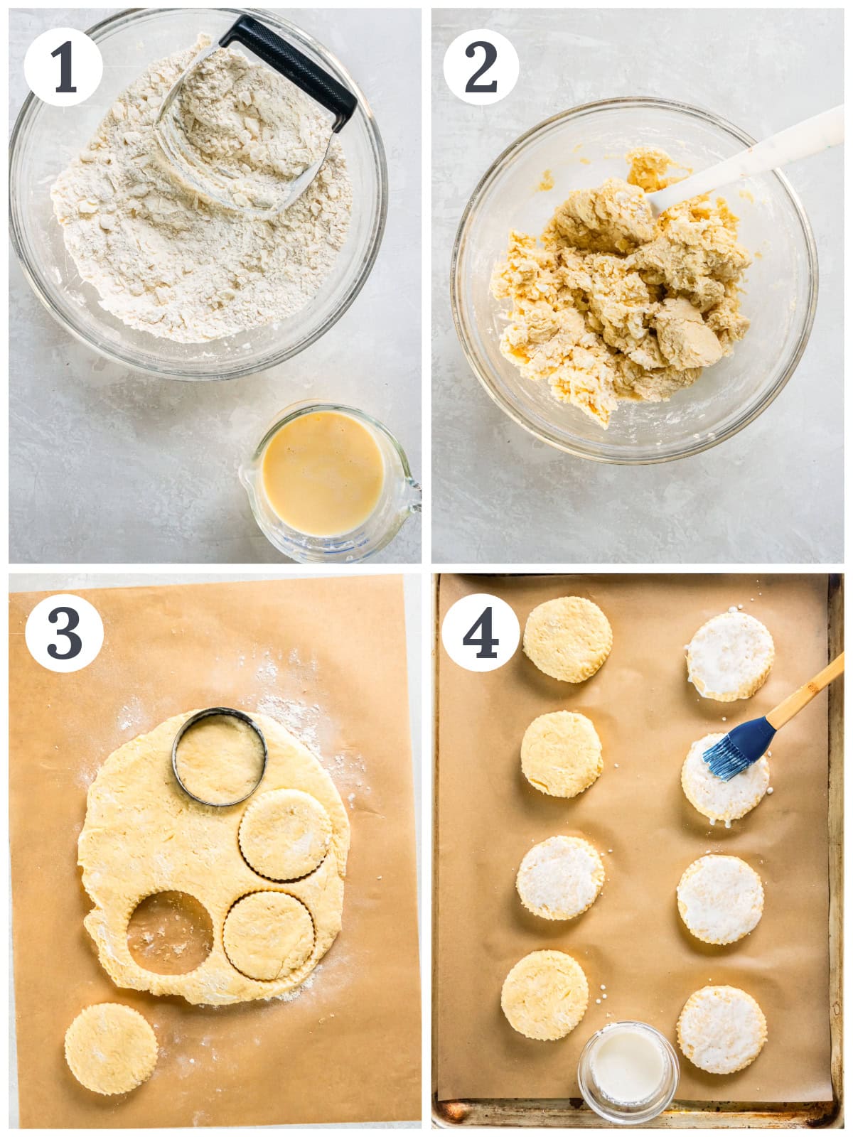 photo collage demonstrating how to make dough for shortcakes and cut them with a biscuit cutter.
