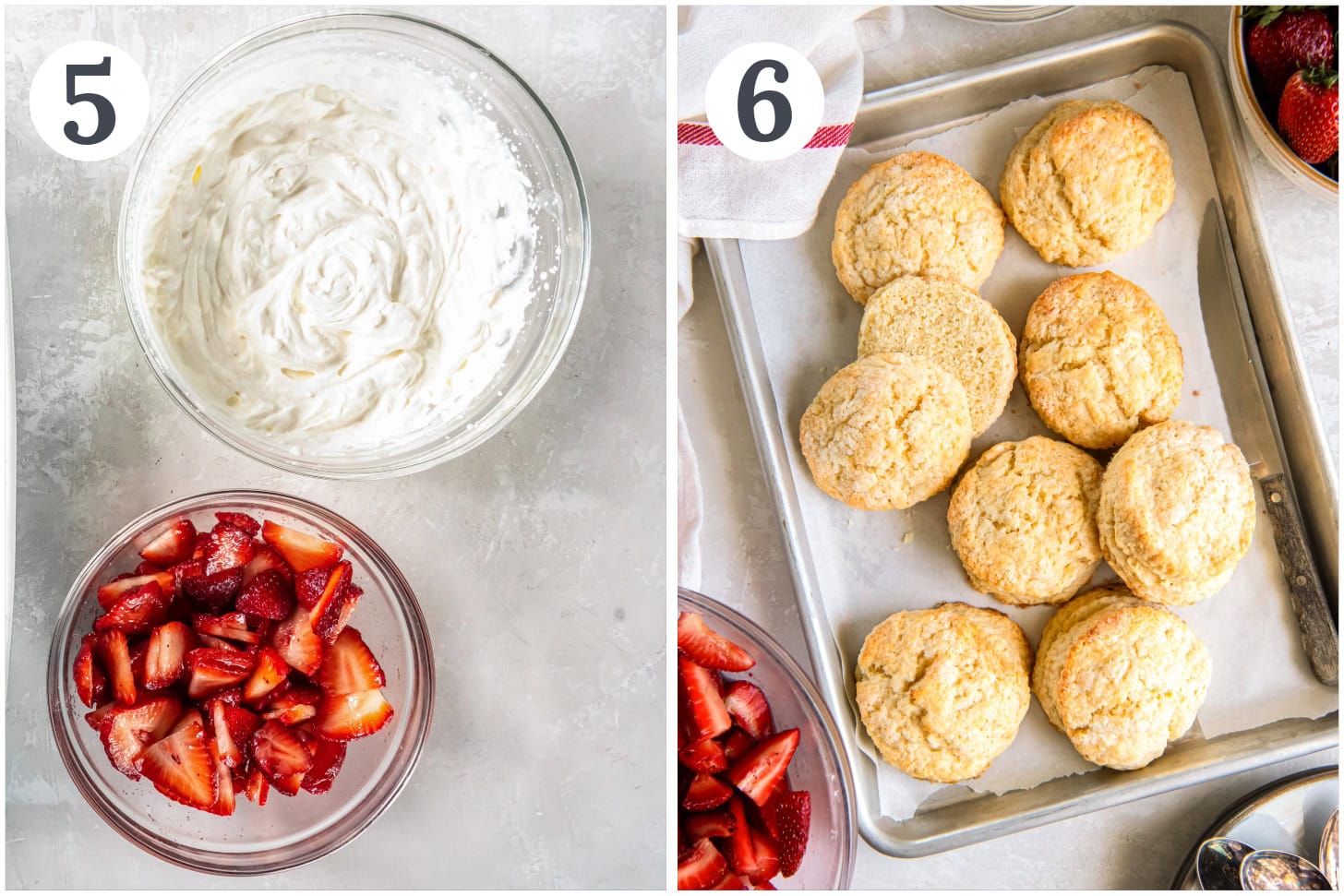 photo collage demonstrating how to prepare strawberries and whipped cream, then assemble strawberry shortcakes.