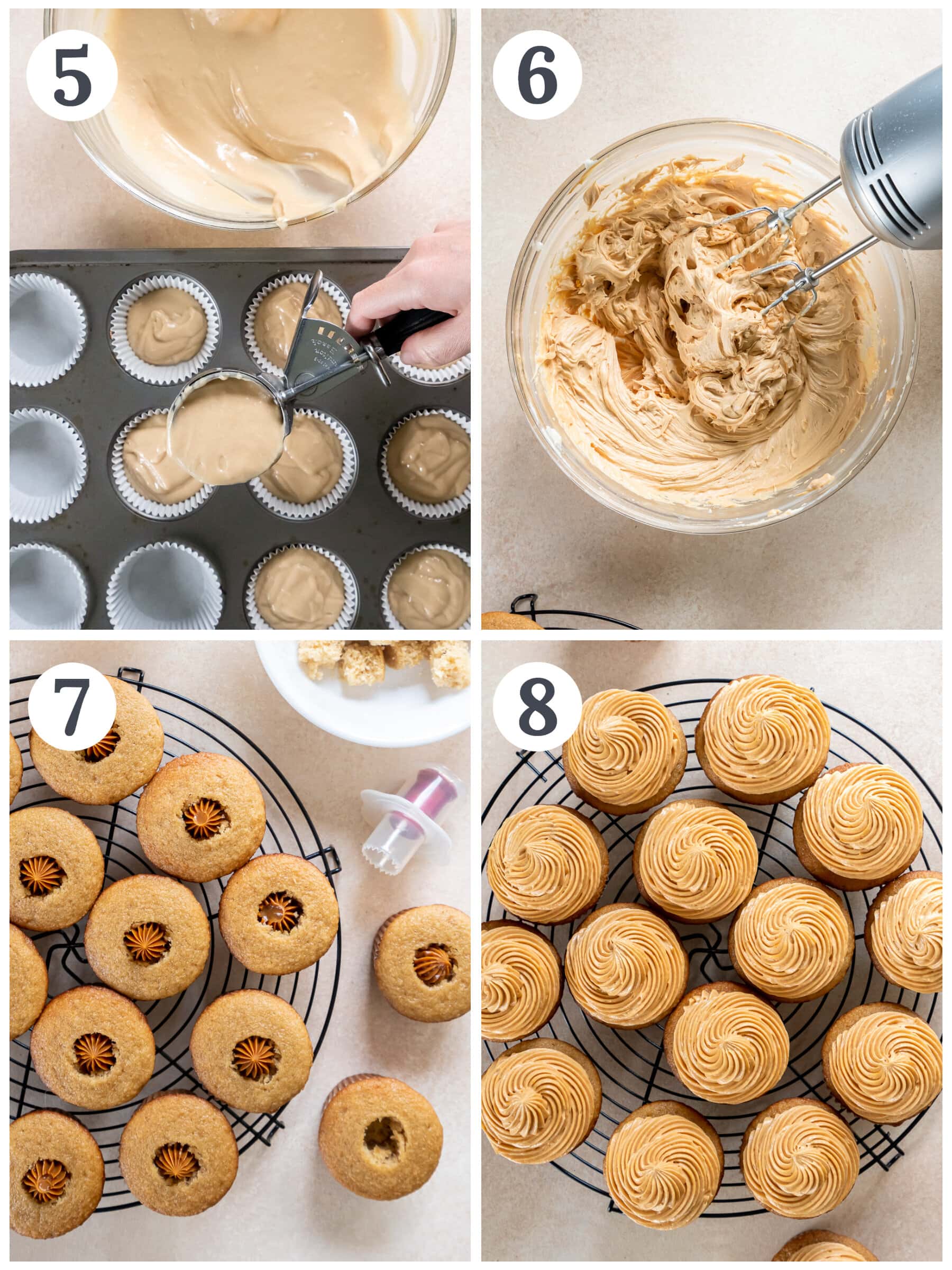 photo collage demonstrating how to make cupcakes stuffed with dulce de leche and topped with buttercream.