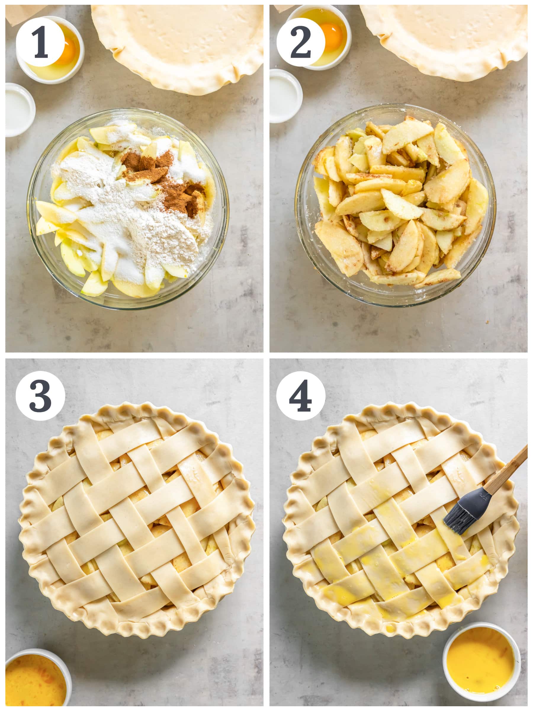 photo collage demonstrating how to make a homemade apple using a mixing bowl and pie plate.