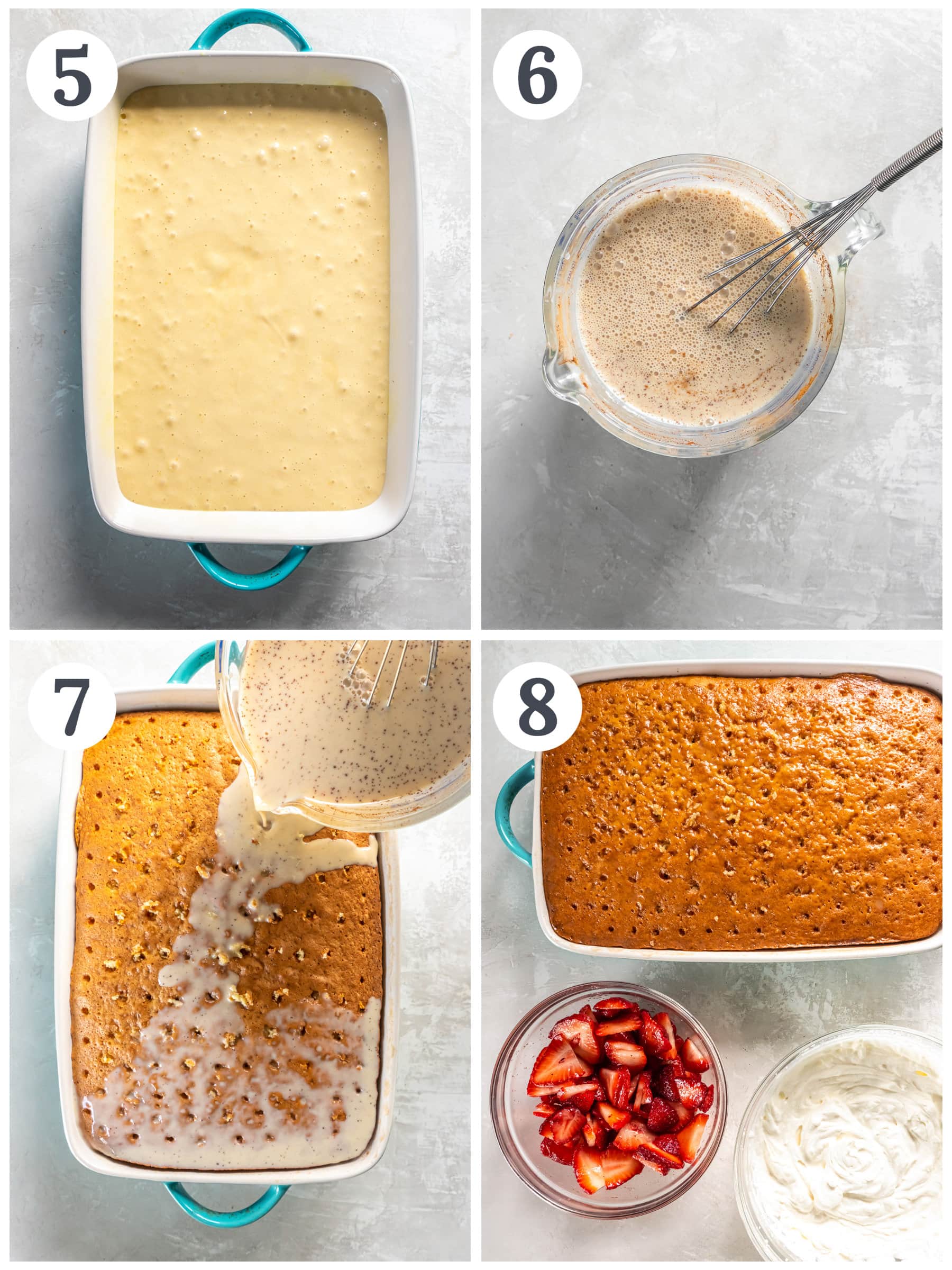 photo collage demonstrating how to make sauce for tres leches cake and strawberry topping.