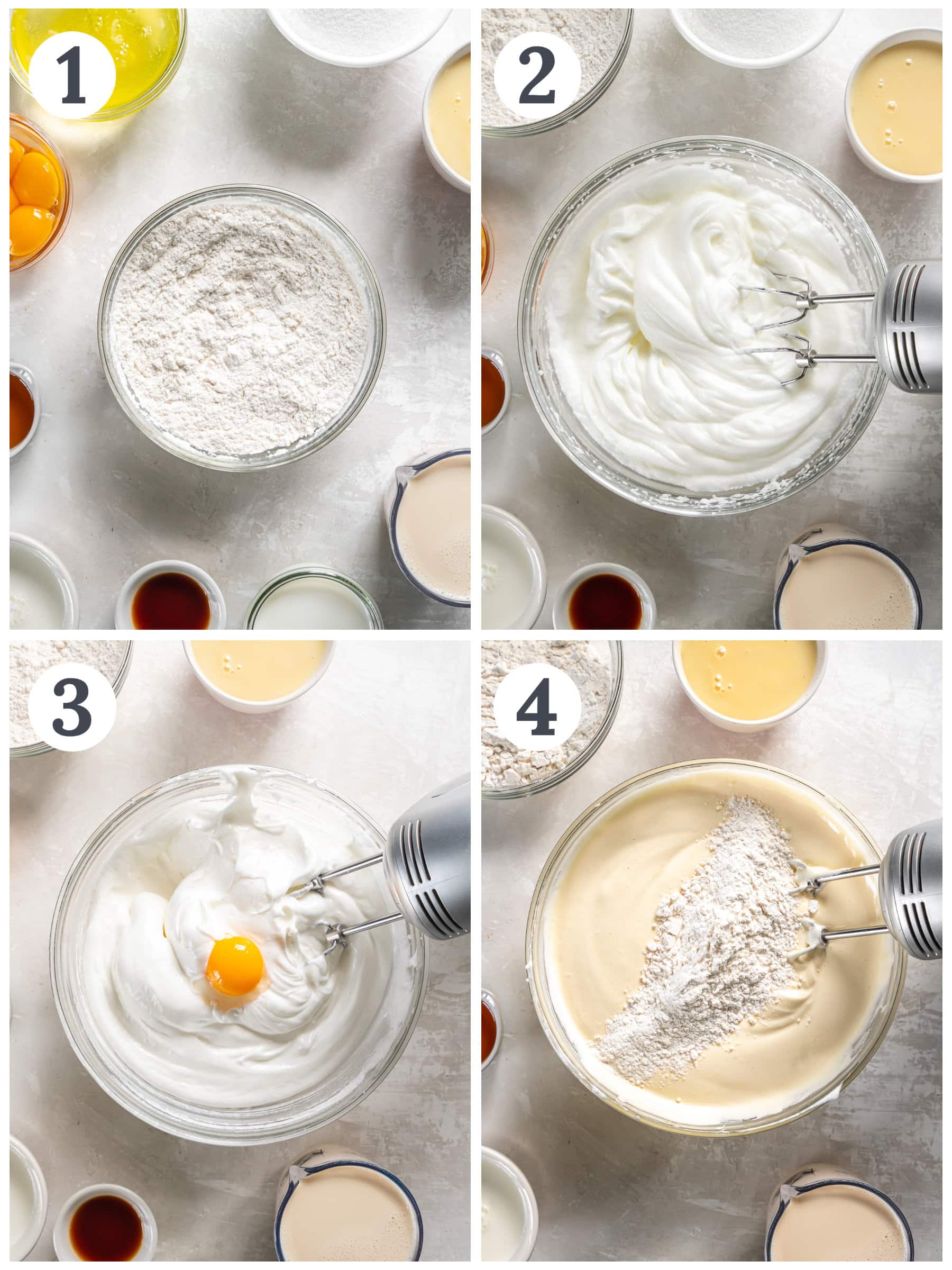 photo collage demonstrating how to make tres leches cake in a mixing bowl with a hand mixer.