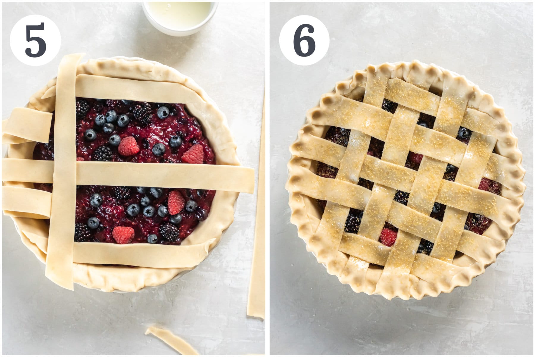 photo collage demonstrating how to make a lattice crust top for berry pie.