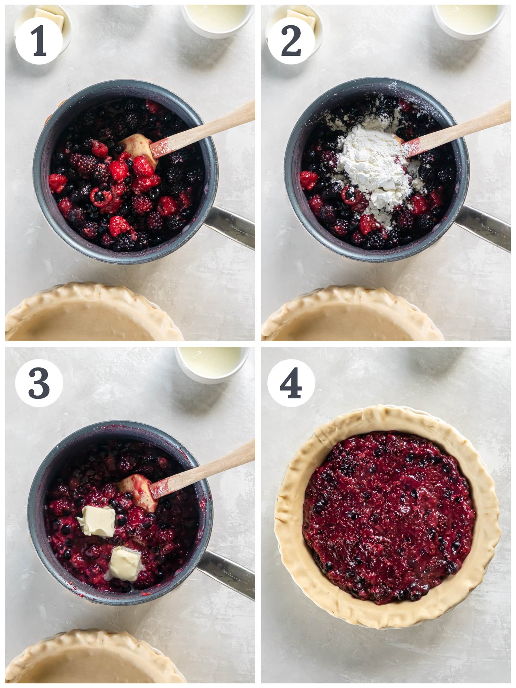 photo collage demonstrating how to make filling in a saucepan for triple berry pie.