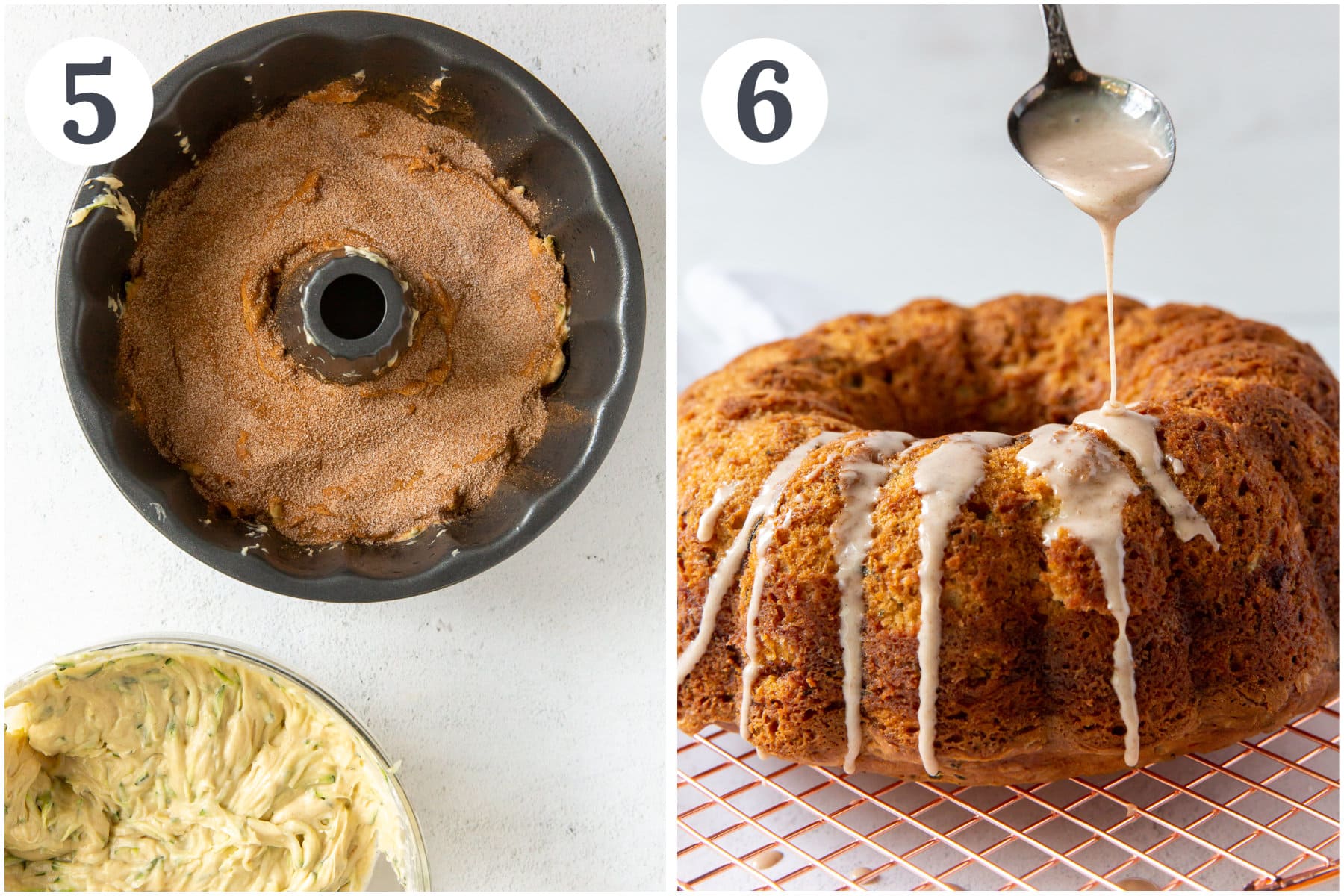 photo collage demonstrating how to add cinnamon swirl to zucchini bundt cake