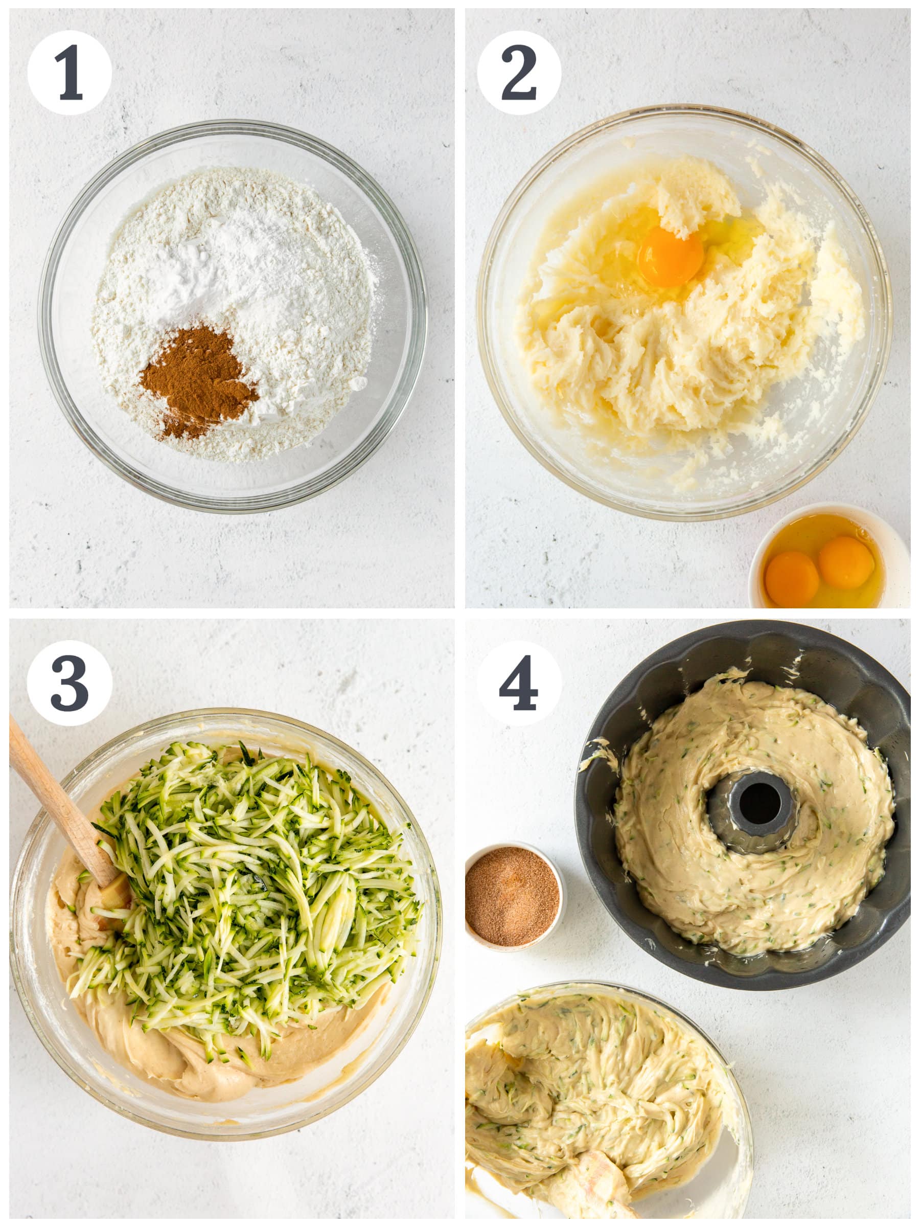 photo collage demonstrating how to make zucchini bundt cake batter