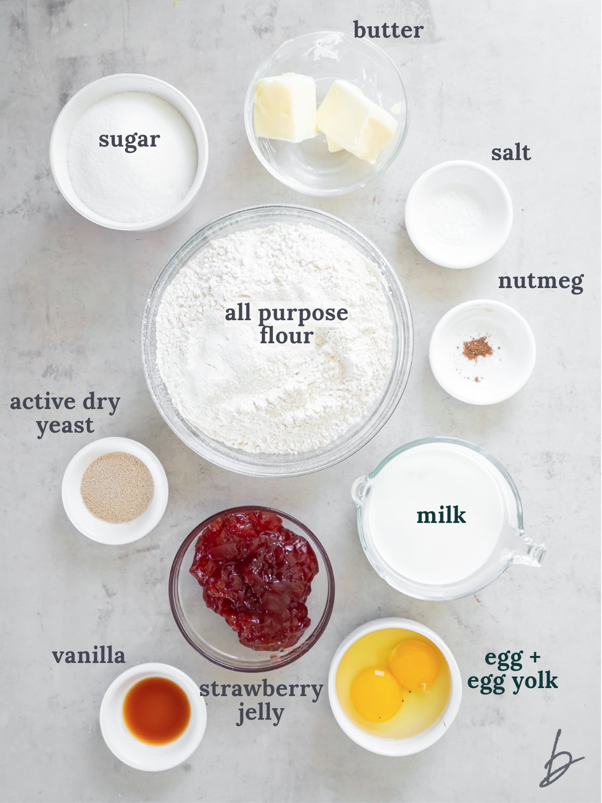 jelly donuts ingredients in bowls, labeled