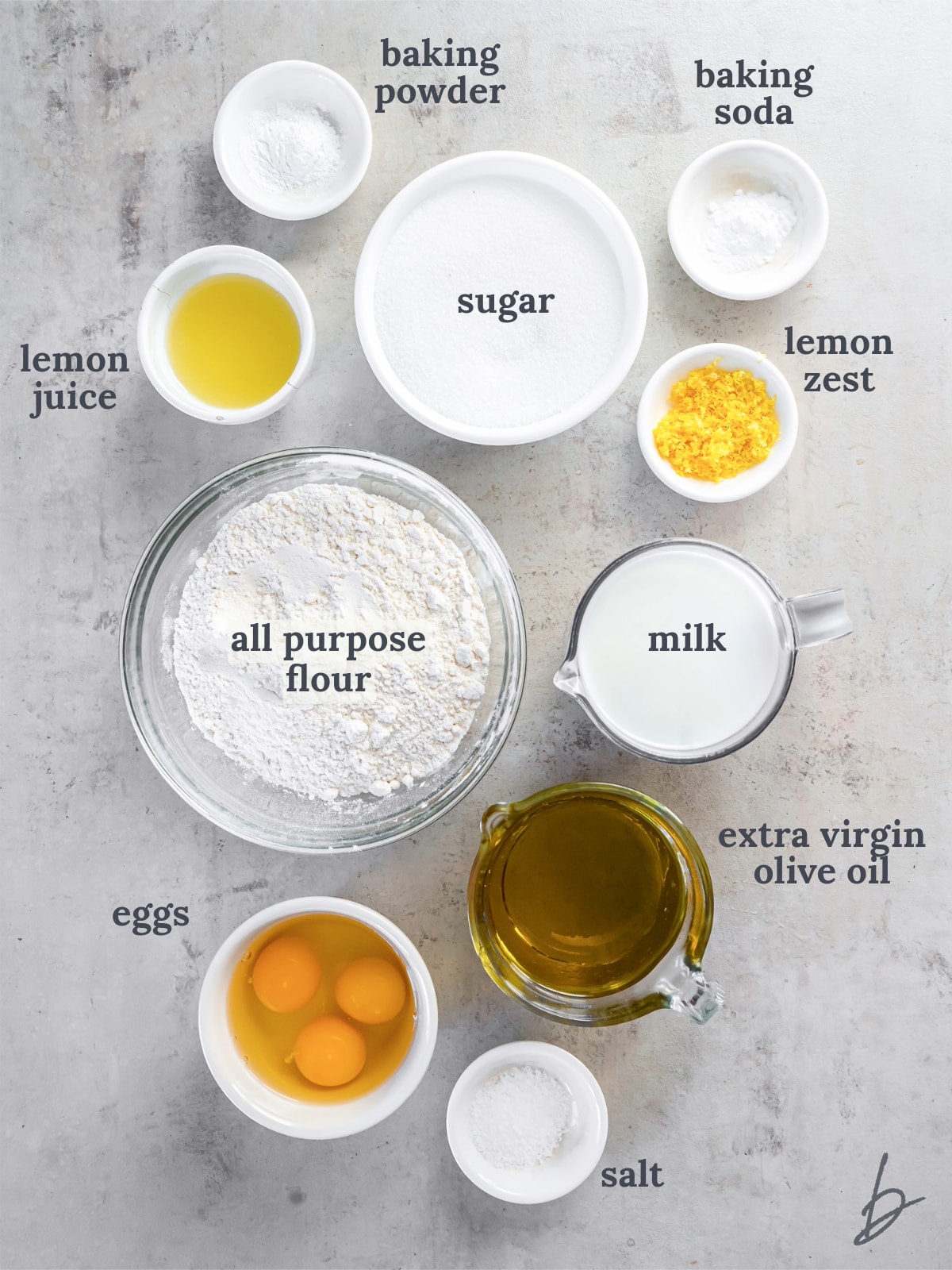 bowls of ingredients to make lemon olive oil cake.