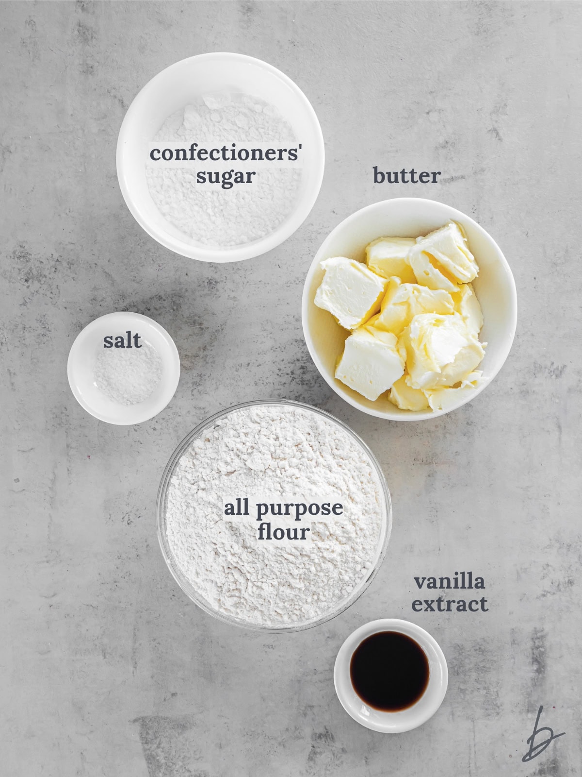 bowls of ingredients to make scottish shortbread cookies.