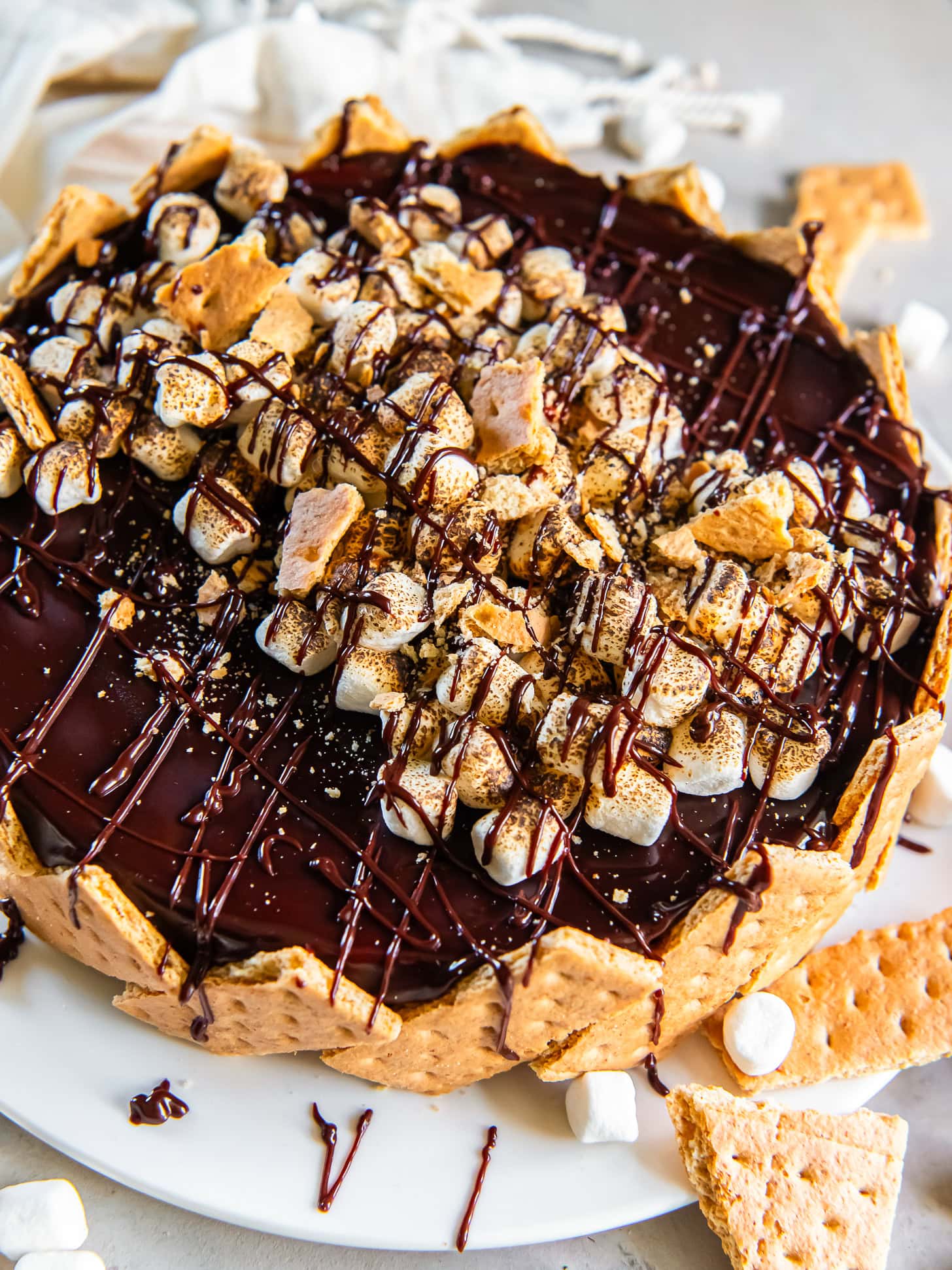 Cheesecake garnished with chocolate, mini marshmallows and graham crackers.
