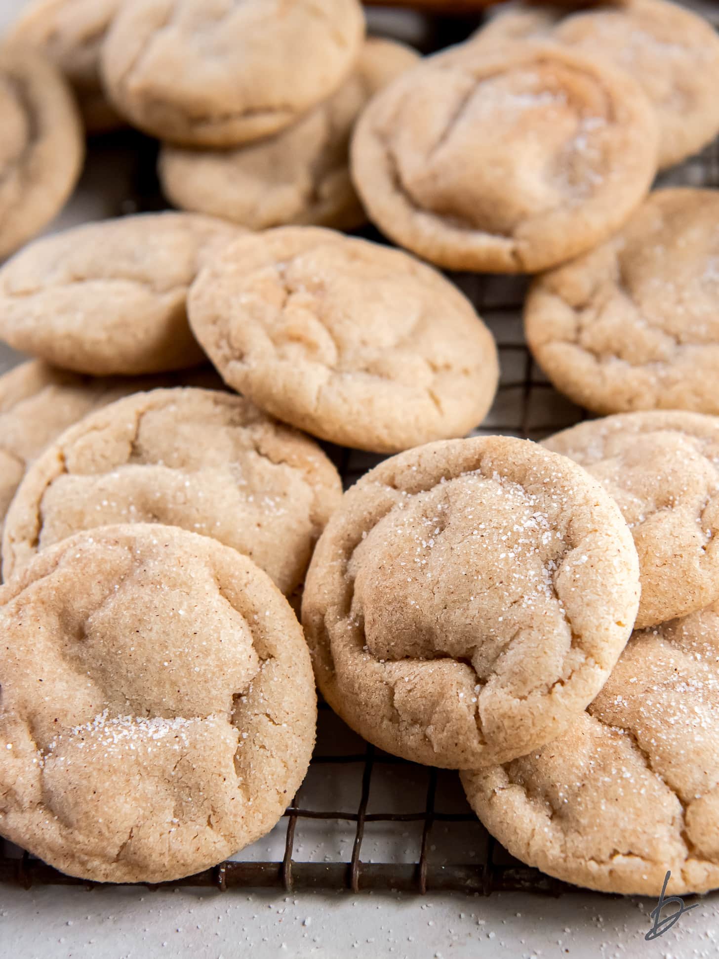 snickerdoodle cookies in a pile on cooling rack.