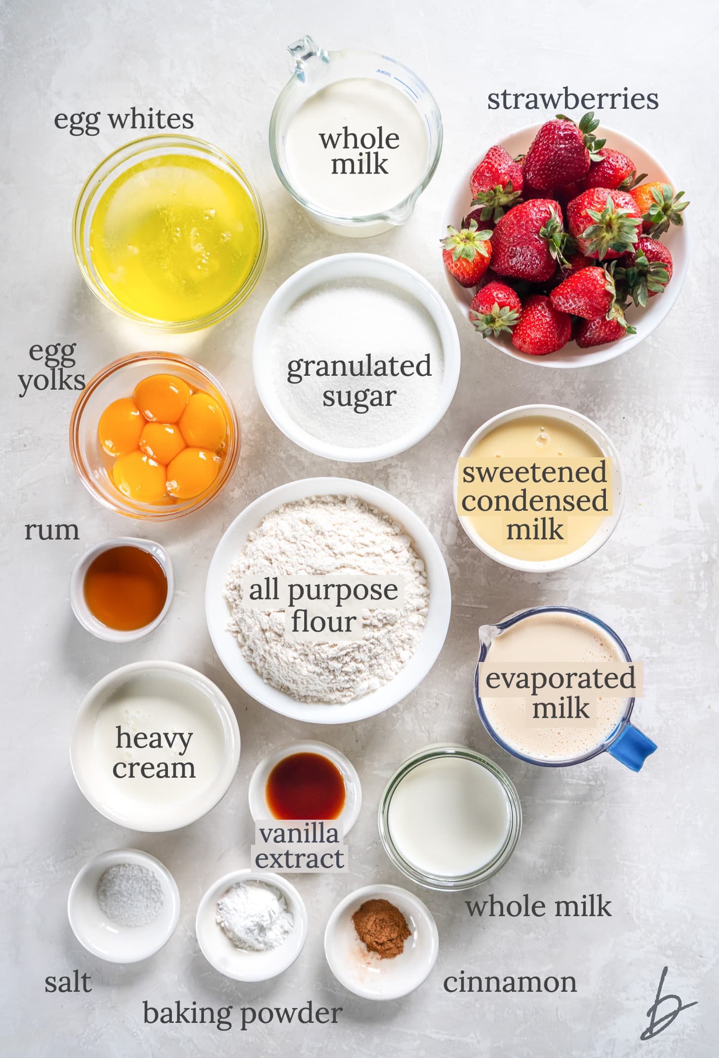 bowls of ingredients to make tres leches cake.