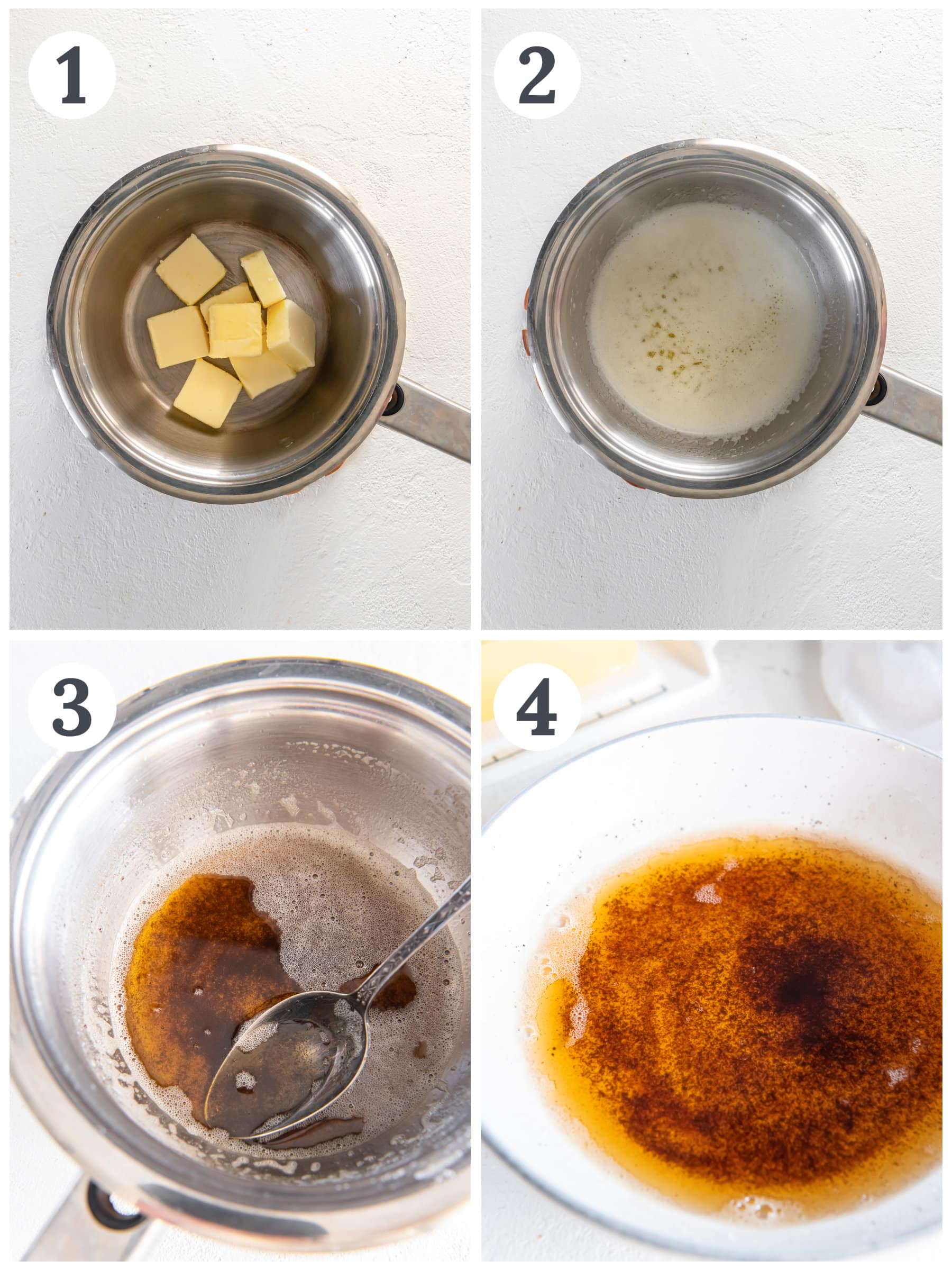 photo collage demonstrating how to make brown butter in a saucepan.