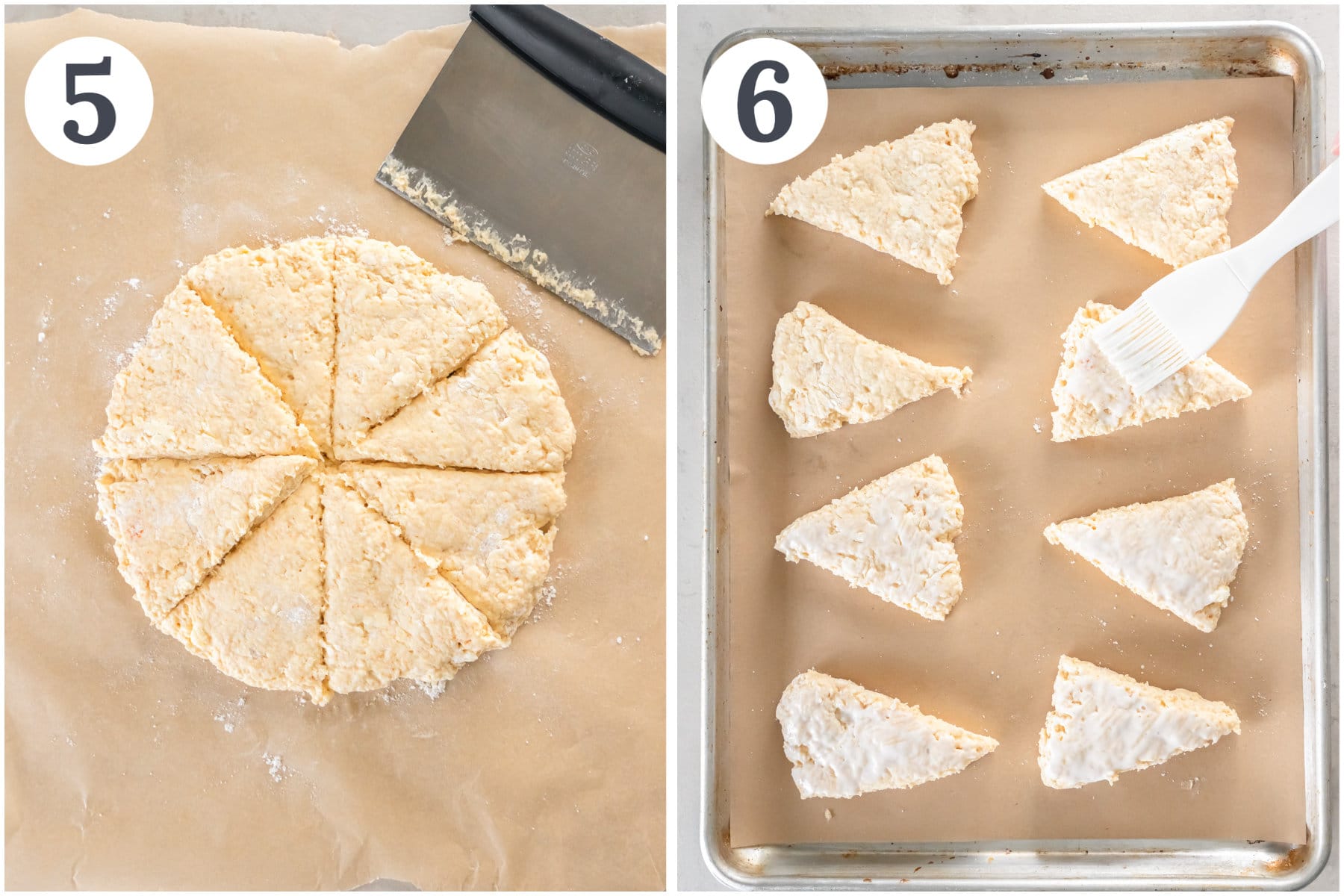 photo collage demonstrating how to shape and cut cheese scones.