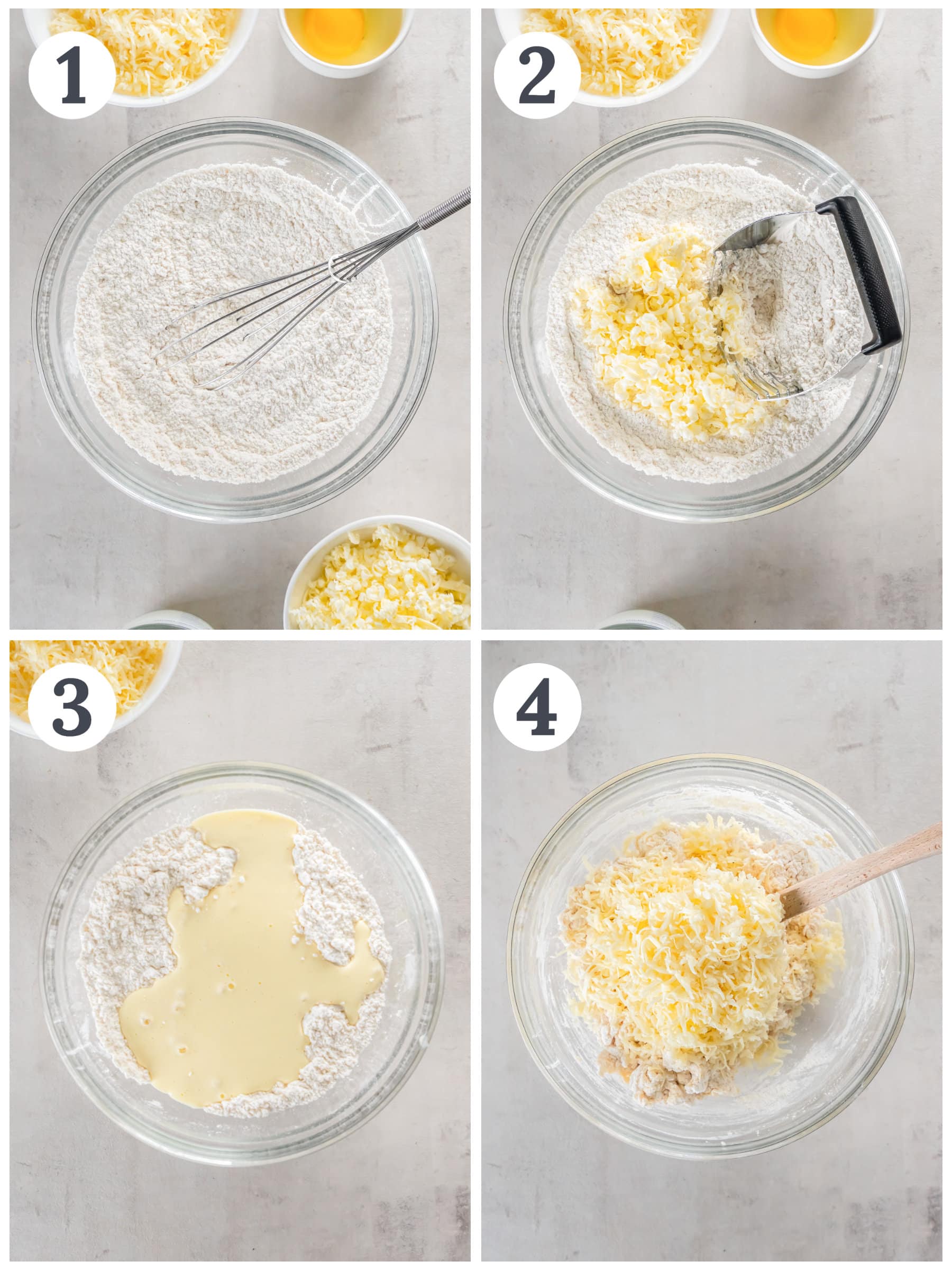 photo collage demonstrating how to make cheddar cheese scones in a mixing bowl.