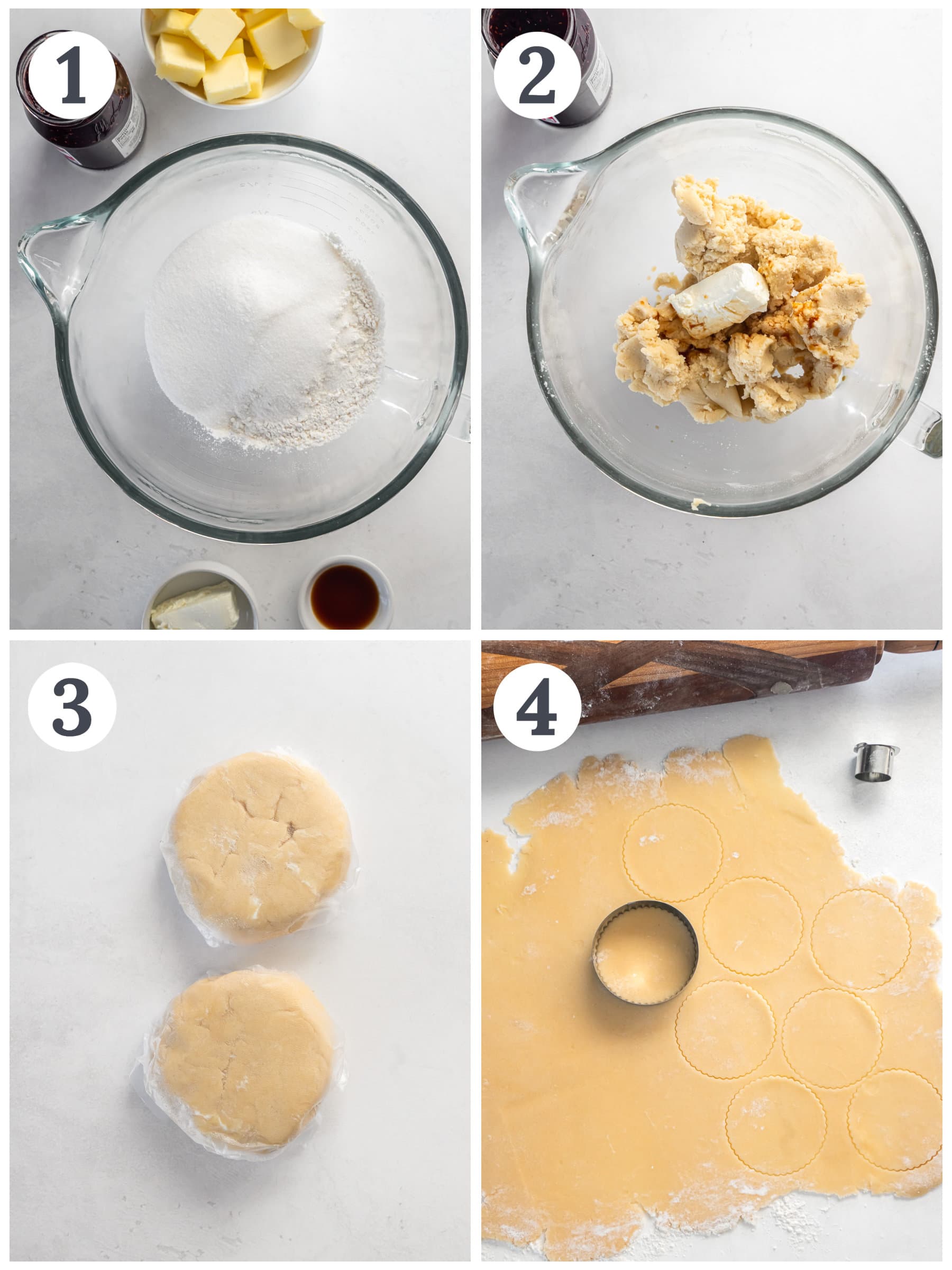 photo collage demonstrating how to make dough for jam sandwich cookies.