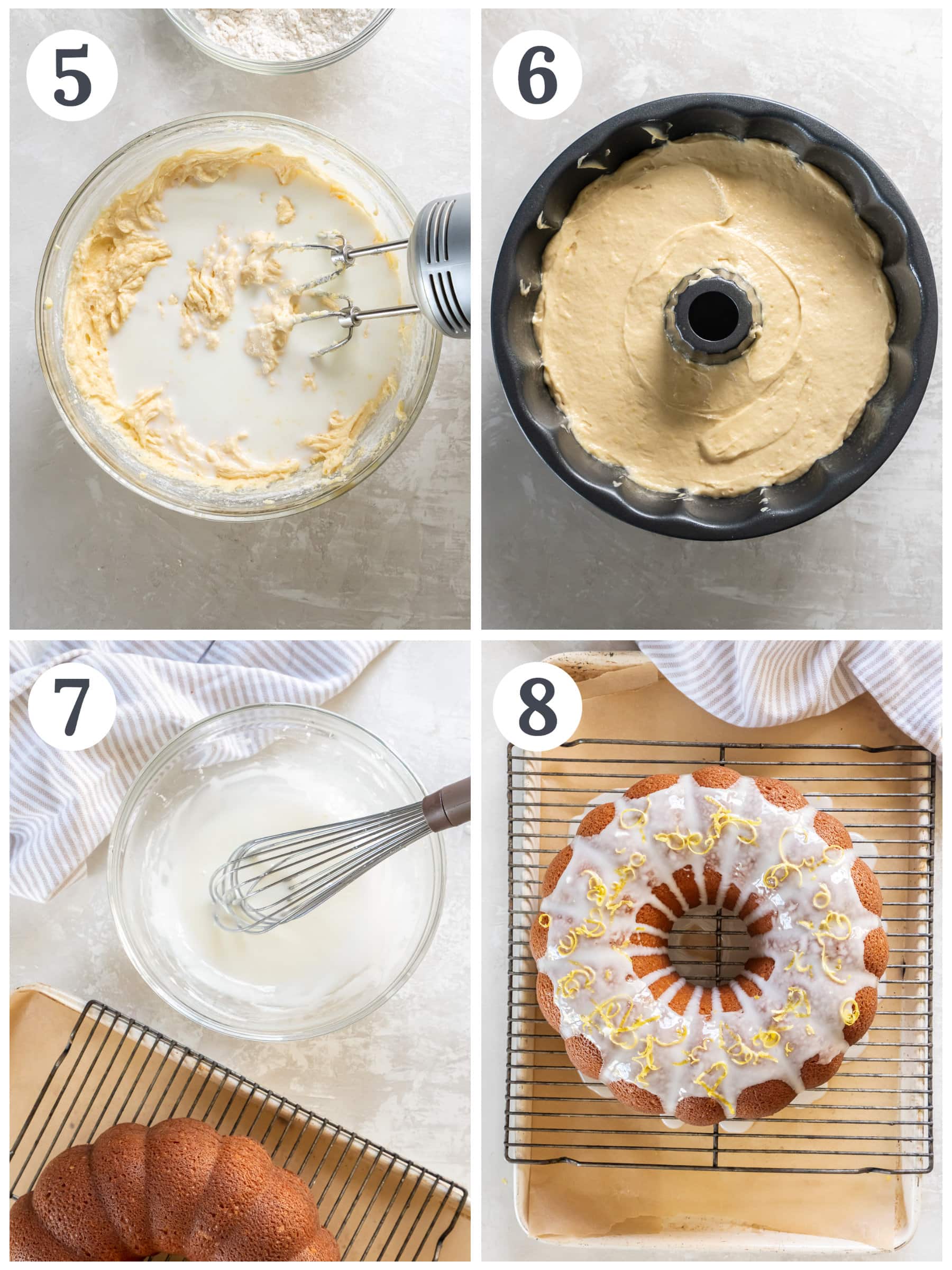 photo collage demonstrating how to make lemon bundt cake in a bundt pan and lemon glaze in a mixing bowl.