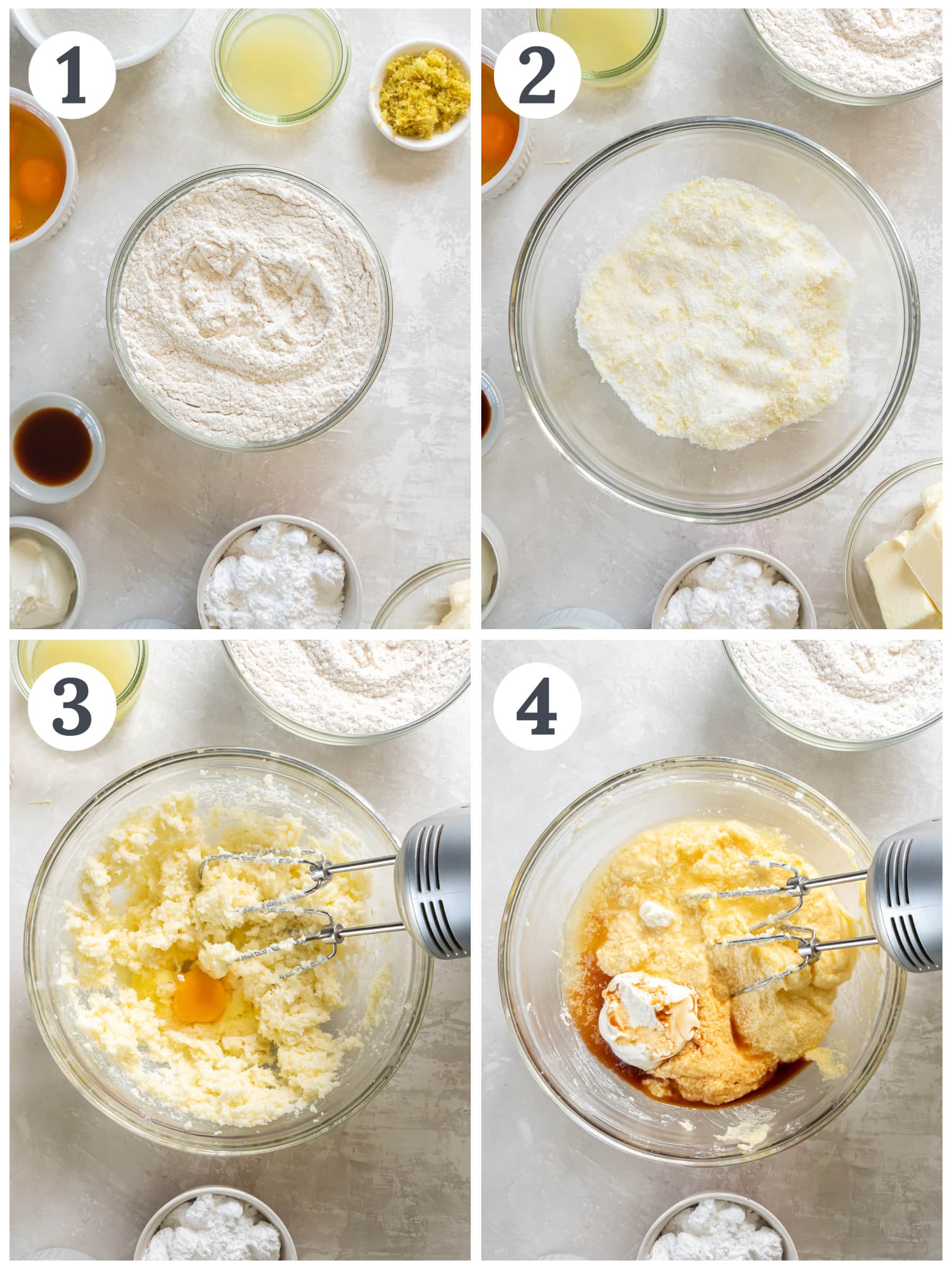 photo collage demonstrating how to make lemon bundt cake in a mixing bowl with a hand mixer.