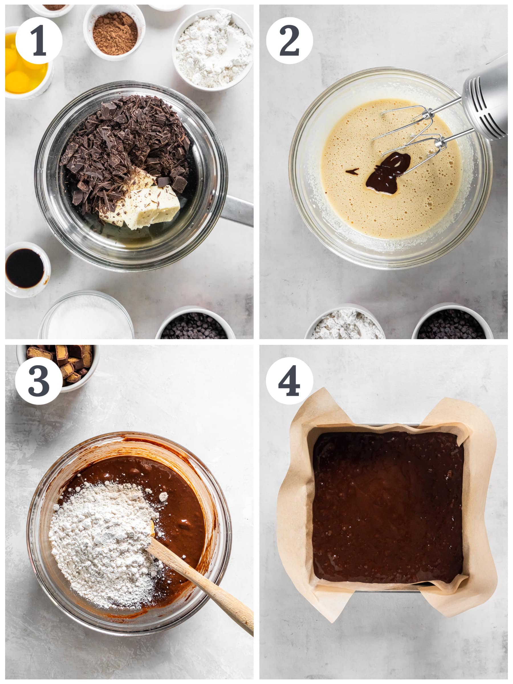 photo collage demonstrating how to make peanut butter brownies in a mixing bowl.