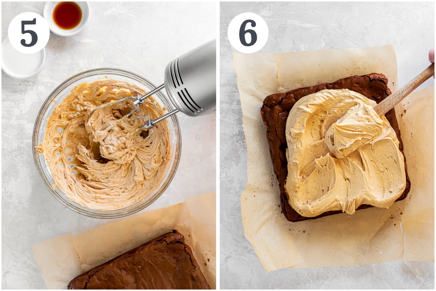 photo collage demonstrating how to make peanut butter frosting for brownies.