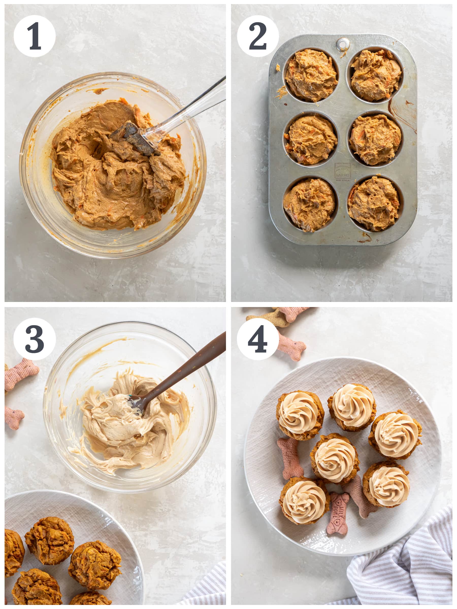 photo collage demonstrating how to make pupcakes with frosting.